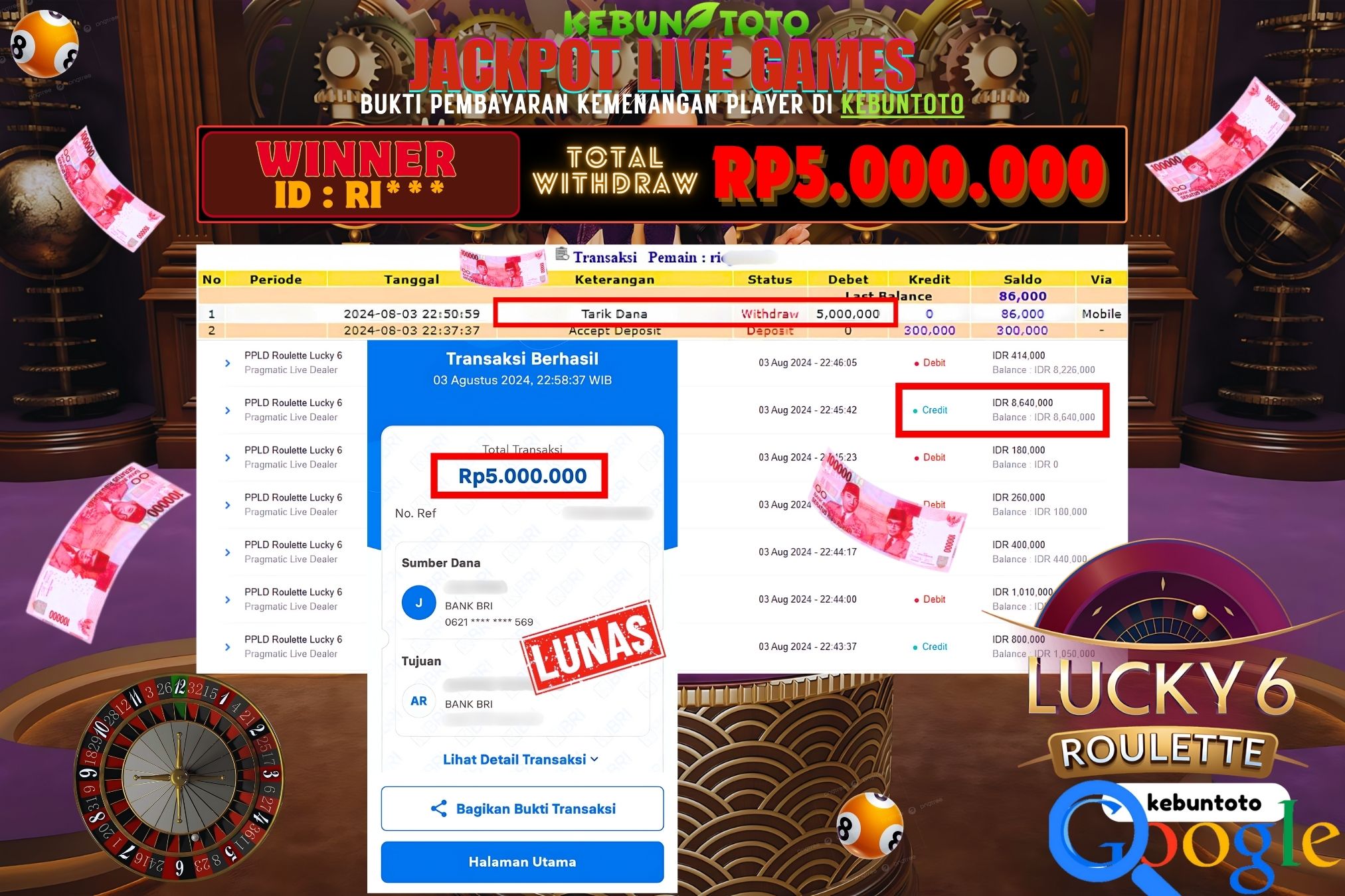 KEBUNTOTO JACKPOT LIVE CASINO ROULLETE LUCKY 6 Rp.5.000.000,- LUNAS