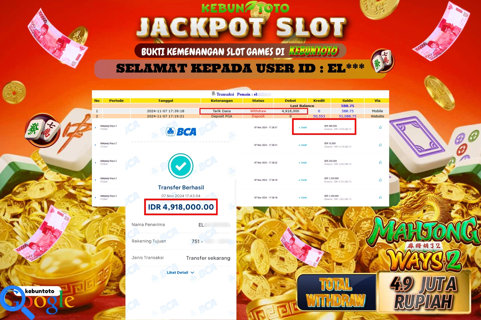 KEBUNTOTO JACKPOT SLOT MAHJONG WAYS 2 Rp.4.918.000,- LUNAS