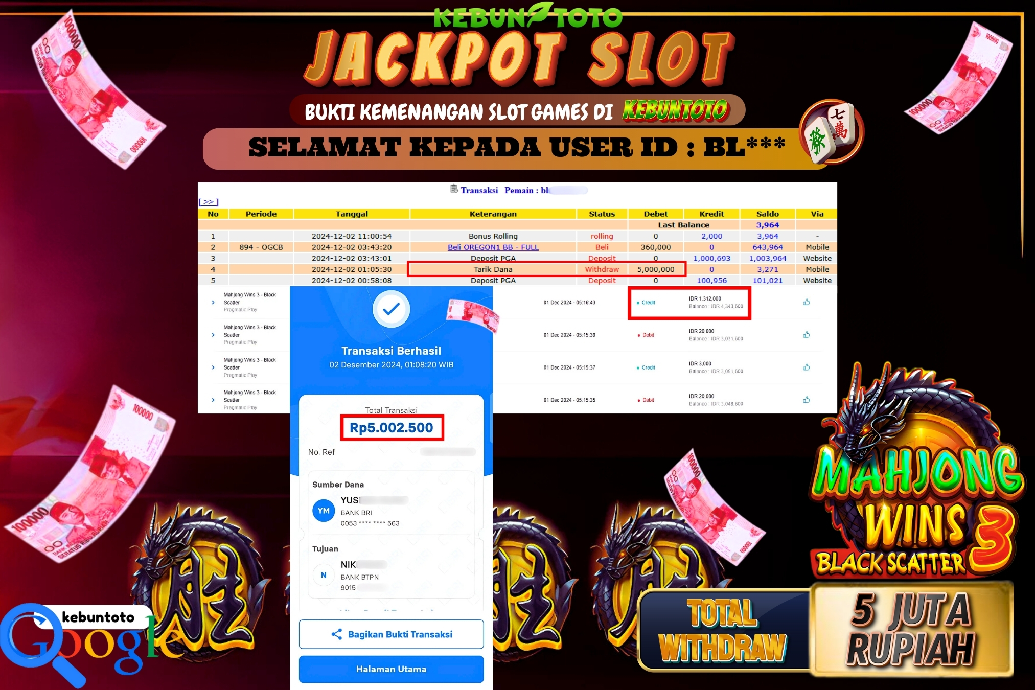 KEBUNTOTO JACKPOT SLOT MAHJONG WINS BLACK SCATTER 3 Rp.5.000.000,- LUNAS