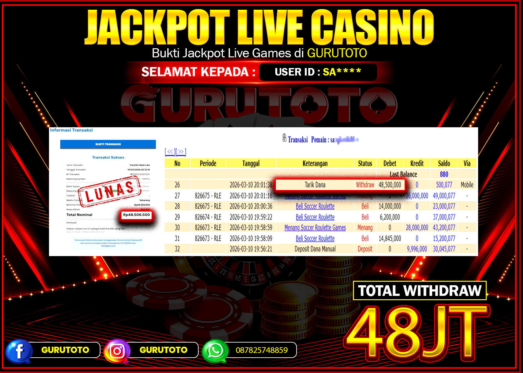 Bukti Kemenangan Rp 48.000.000 LIVE CASINO ROULETTE di GURUTOTO !