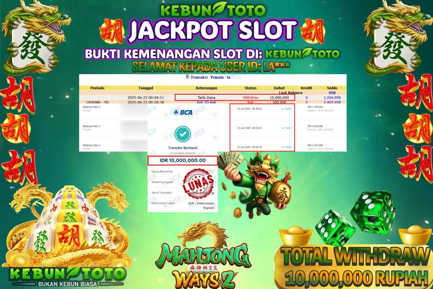 Bukti Kemenangan Rp 10.000.000 SLOT MAHJONG WAYS 2 di KEBUNTOTO!