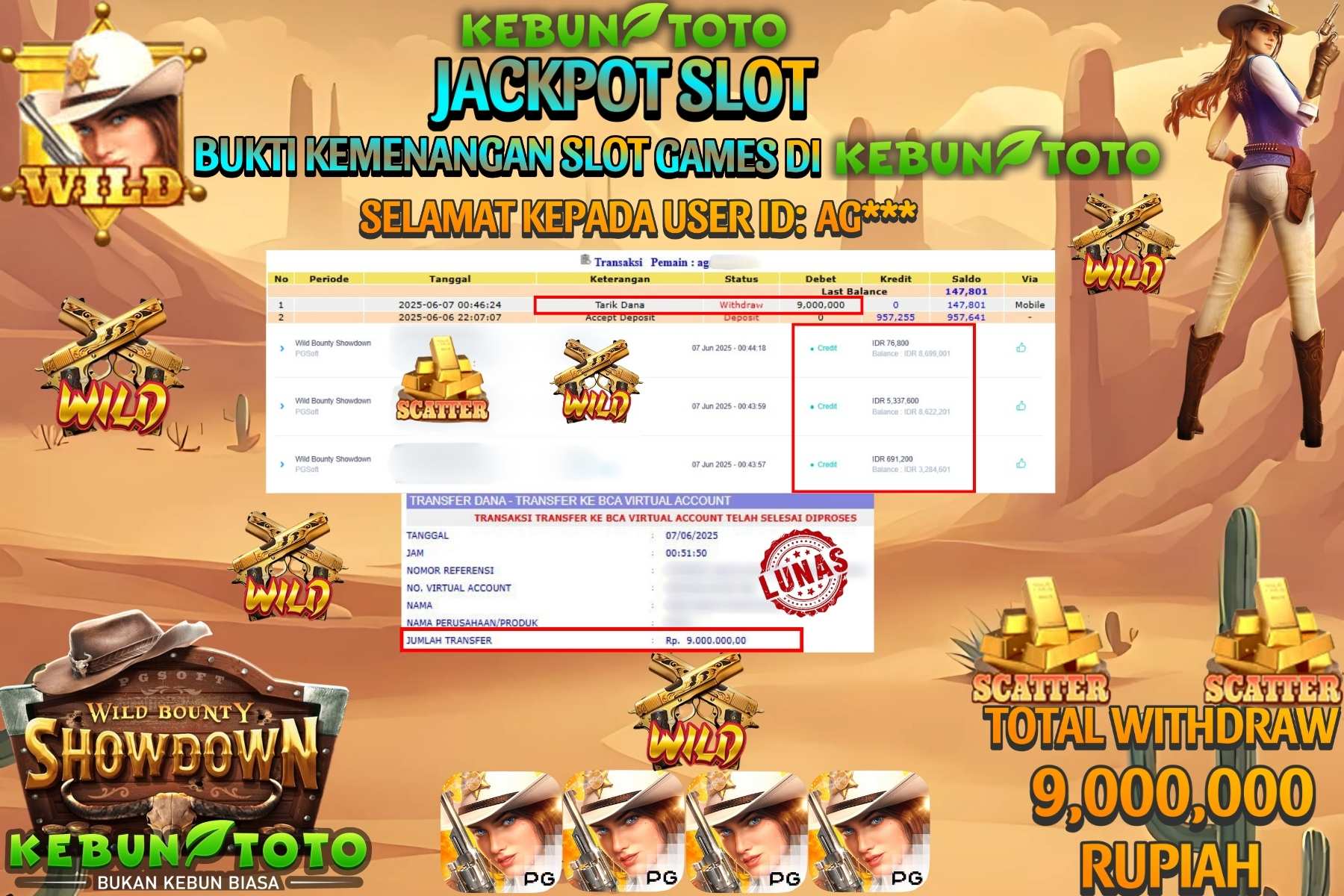 KEBUNTOTO JACKPOT SLOT WILD BOUNTY SHOWDOWN Rp 9.000.0000,- LUNAS