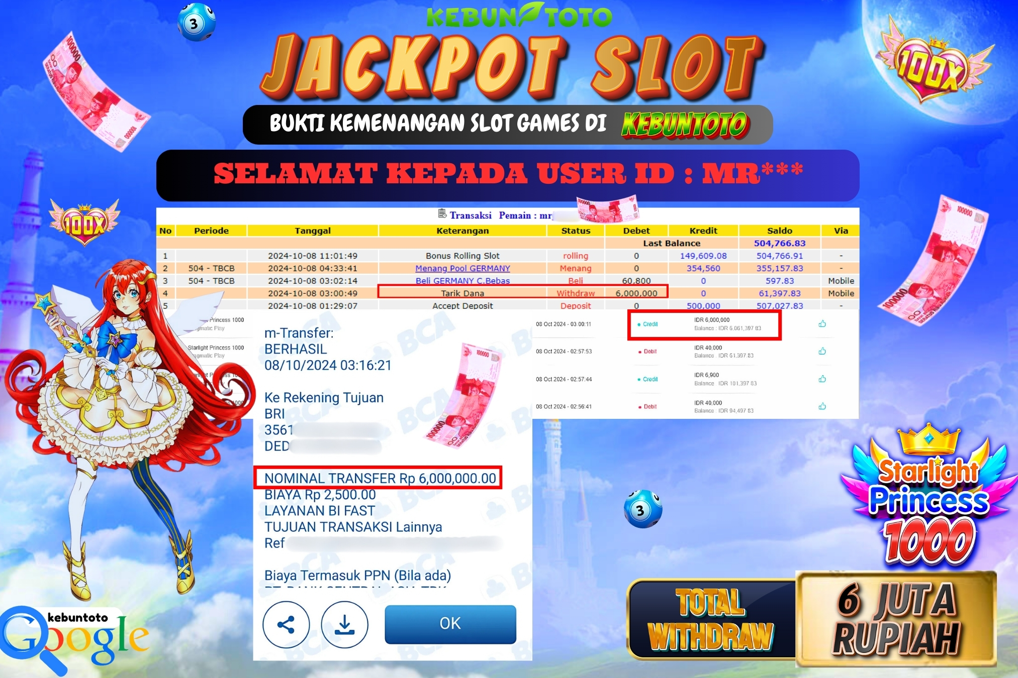 KEBUNTOTO JACKPOT SLOT STARLIGHT PRINCESS 1000 Rp.6.000.000,- LUNAS