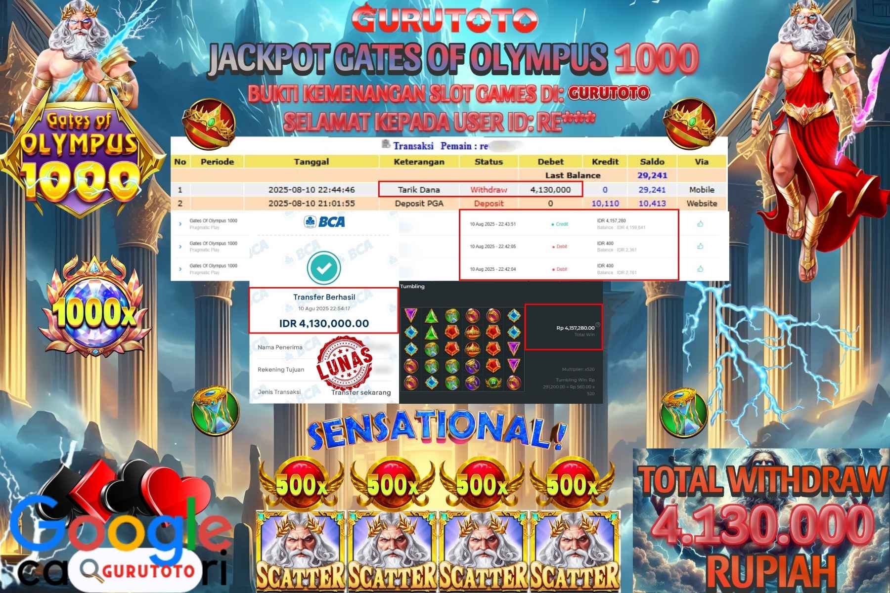 Bukti Kemenangan Rp 4.130.000 SLOT GATES OF OLYMPUS 1000 di GURUTOTO!