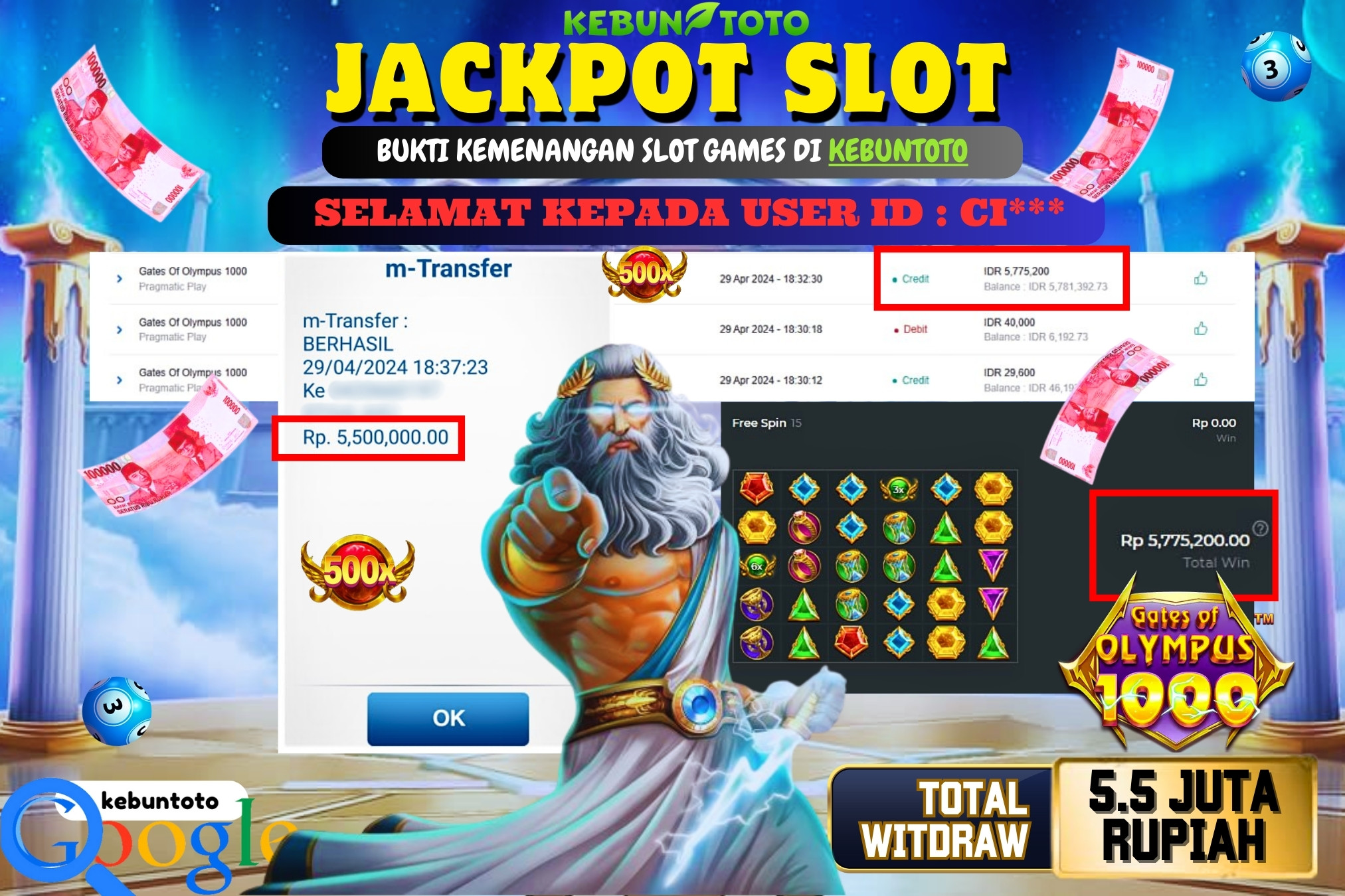 KEBUNTOTO JACKPOT SLOT GATES OF OLYMPUS 1000 Rp.5.500.000,- LUNAS