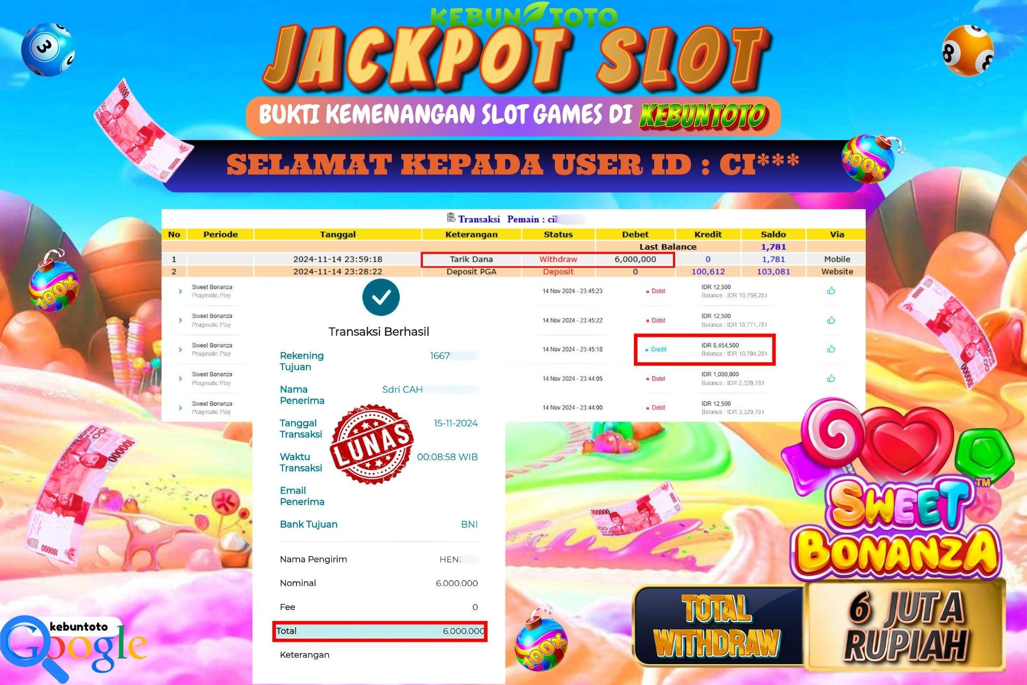 KEBUNTOTO JACKPOT SLOT SWEET BONANZA Rp.6.000.000,- LUNAS