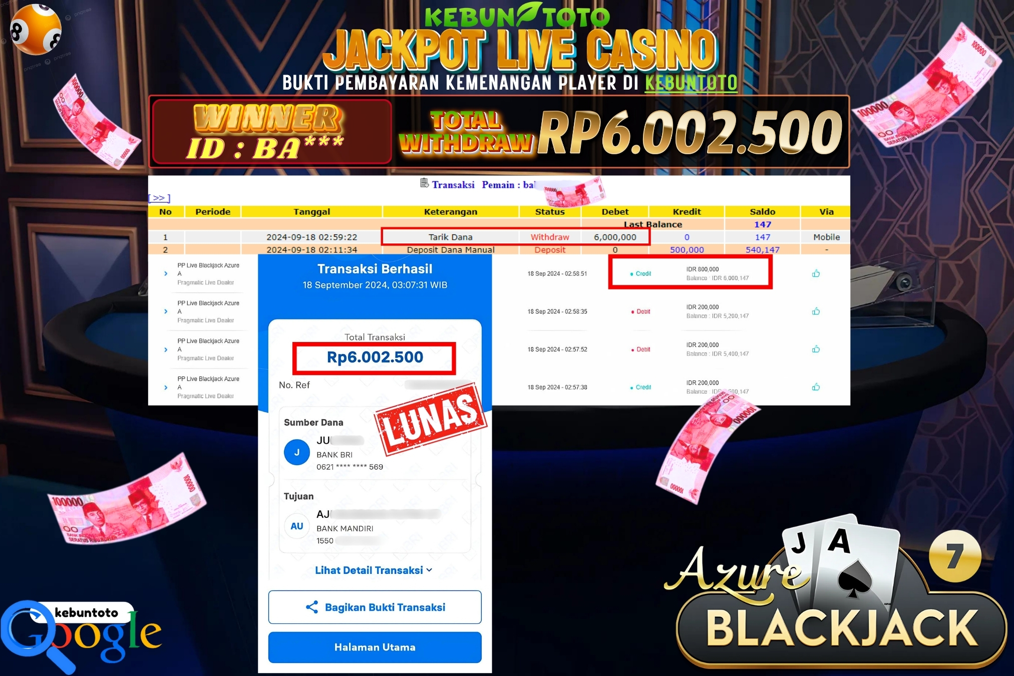 KEBUNTOTO JACKPOT LIVE CASINO BLACKJACK AZURE A Rp.6.000.000,- LUNAS