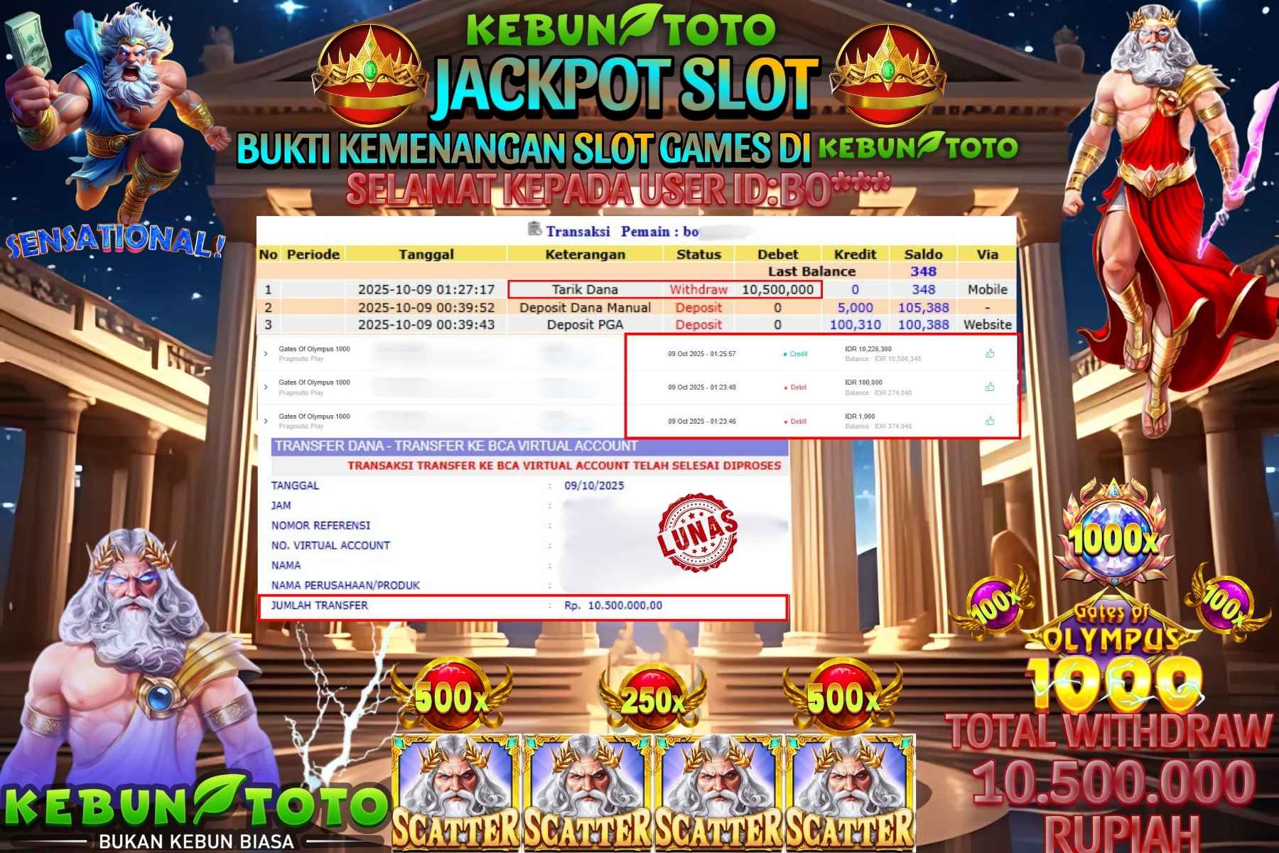 Bukti Kemenangan Rp 10.500.000 SLOT GATES OF OLYMPUS 1000 di KEBUNTOTO!