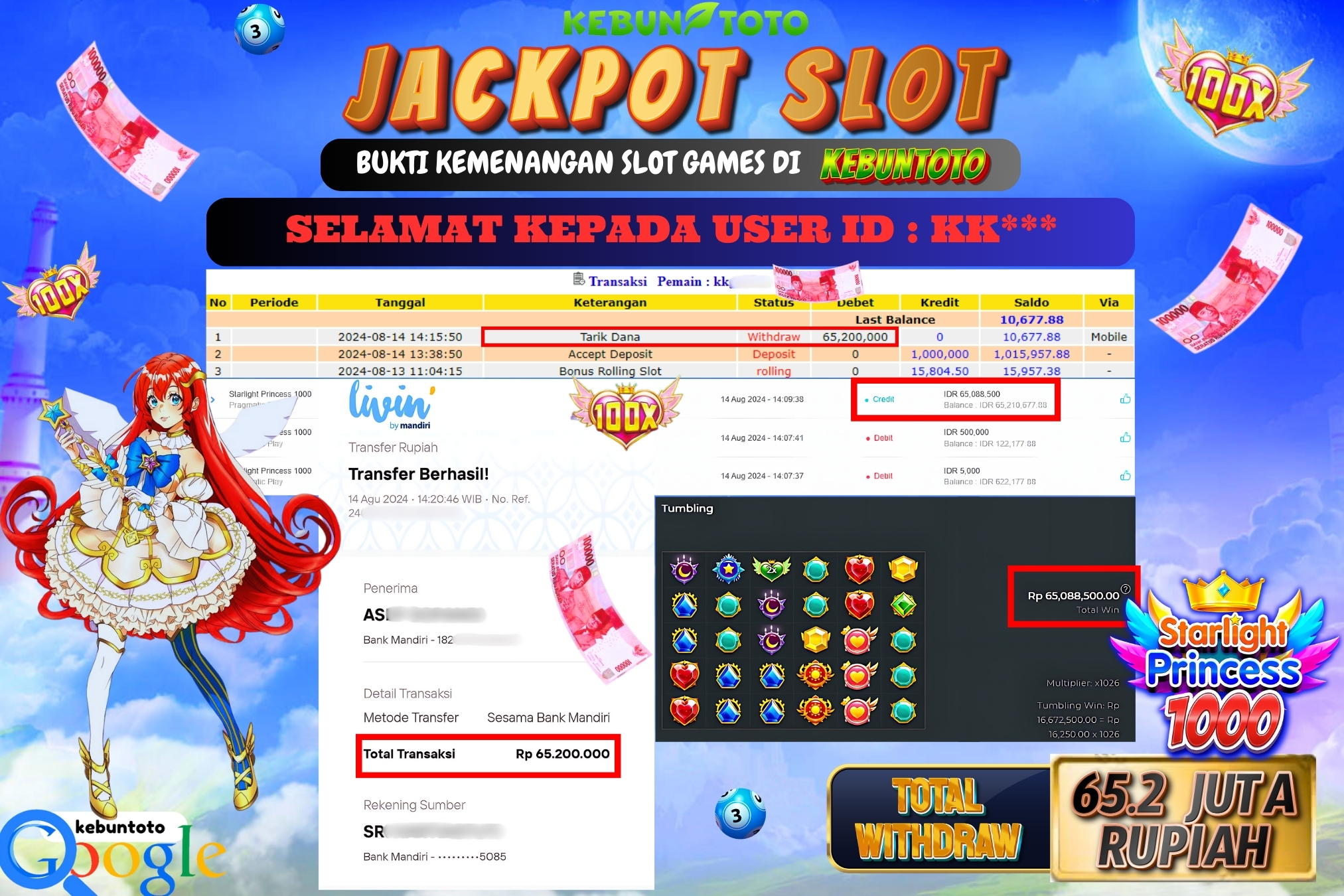 KEBUNTOTO JACKPOT SLOT STARLIGHT PRINCESS 1000 Rp.65.200.000,- LUNAS