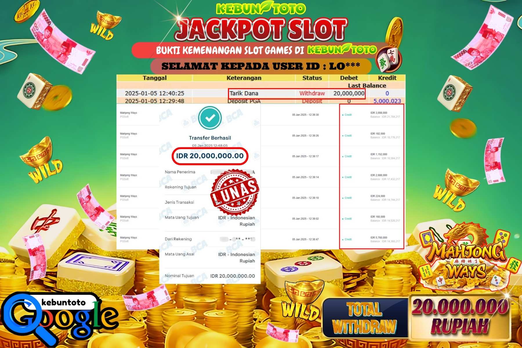 KEBUNTOTO JACKPOT SLOT MAHJONG WAYS , Sebesar Rp.20.000.000,- LUNAS