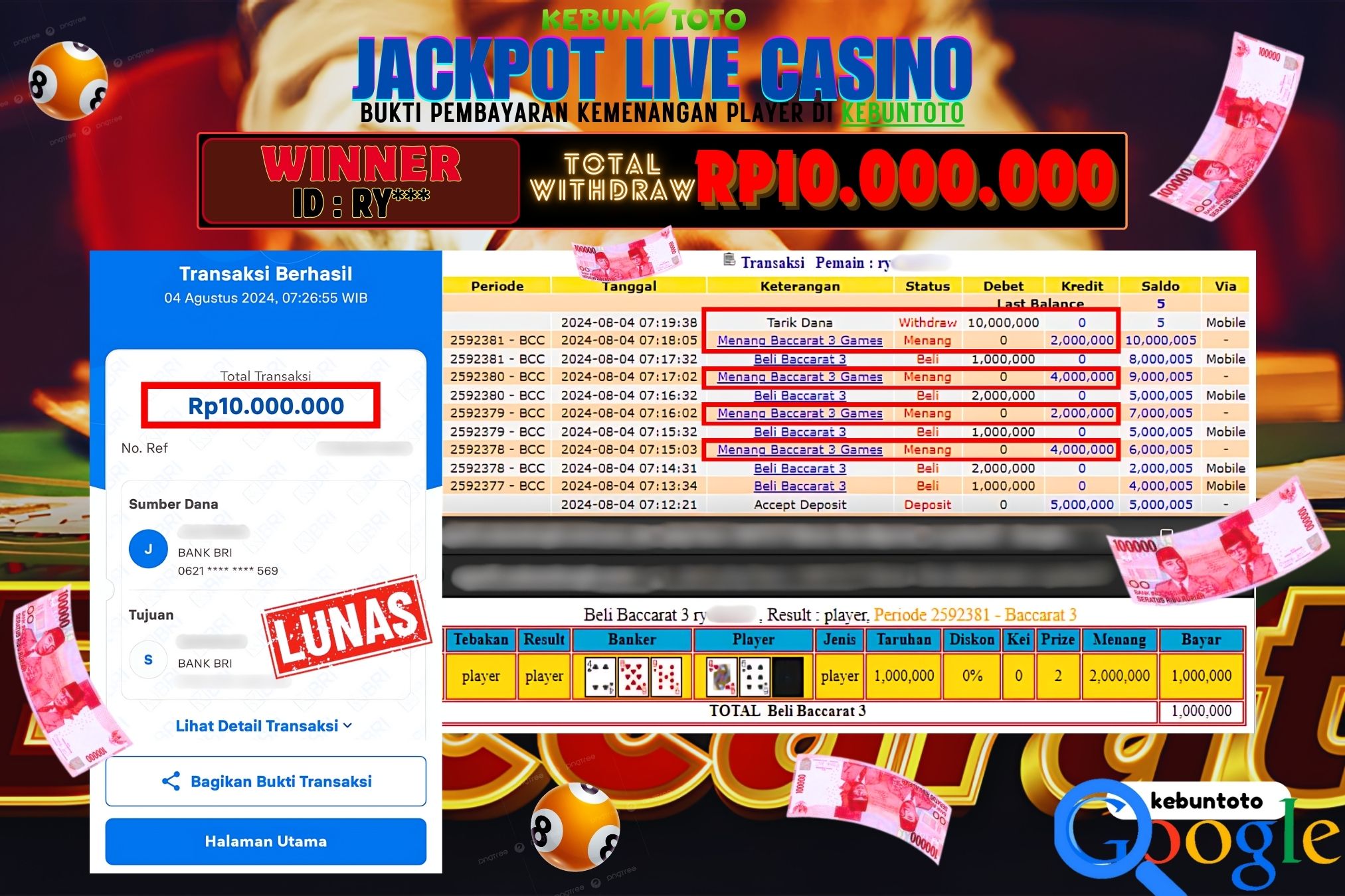 KEBUNTOTO JACKPOT LIVE CASINO BACCARAT 3 Rp.10.000.000,- LUNAS
