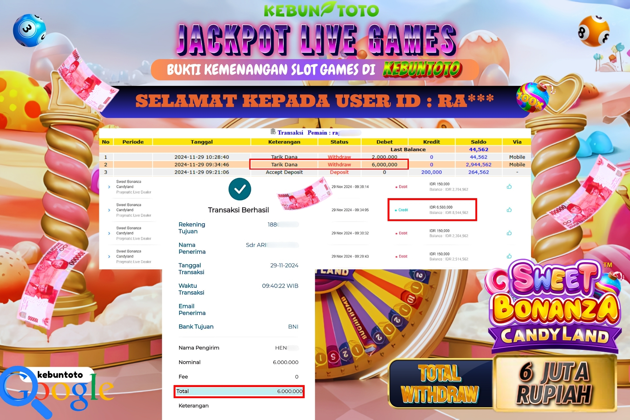 KEBUNTOTO JACKPOT SLOT SWEET BONANZA CANDYLAND Rp.6.000.000,- LUNAS