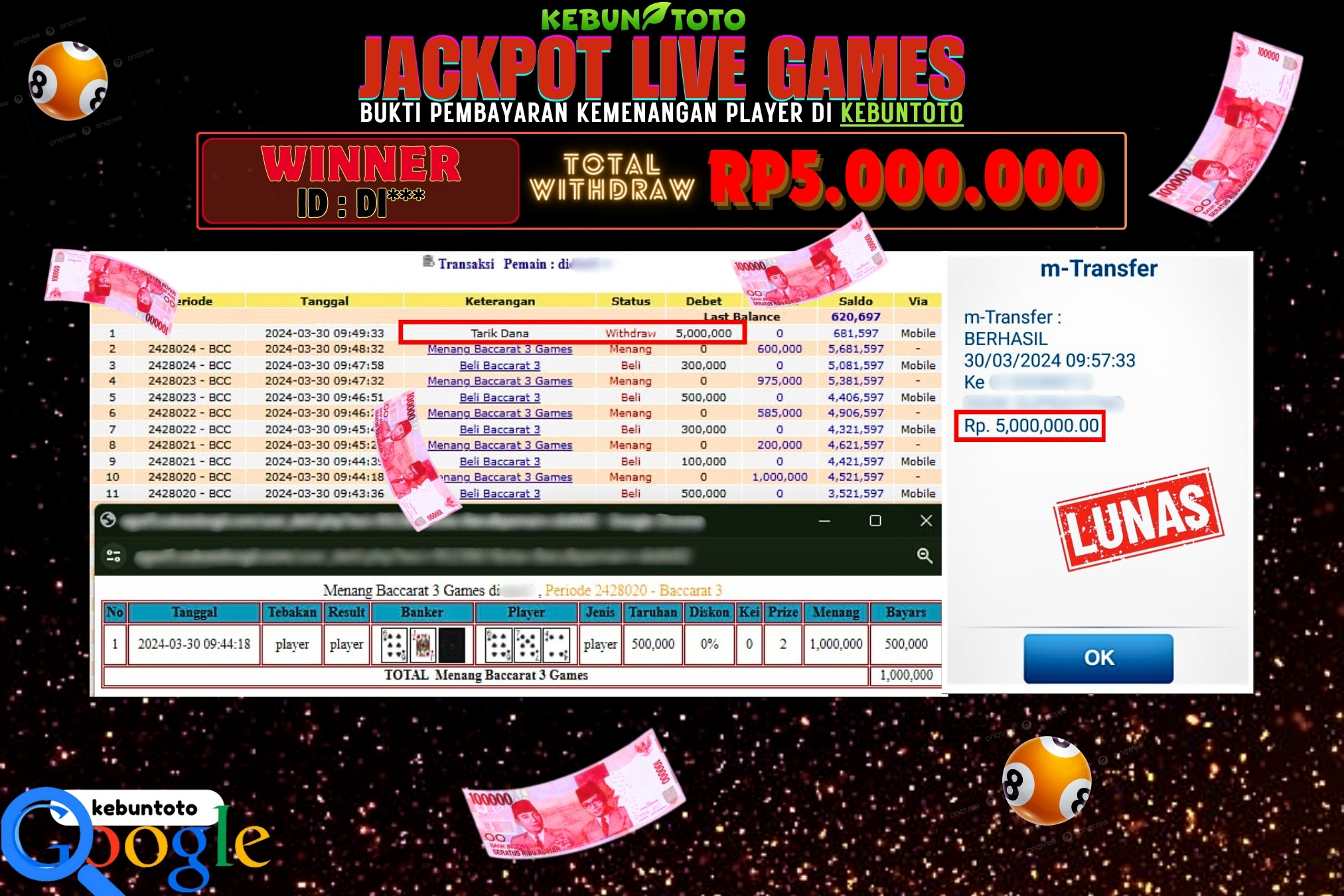KEBUNTOTO JACKPOT LIVE GAMES BACCARAT 3 Rp.5.000.000,- LUNAS