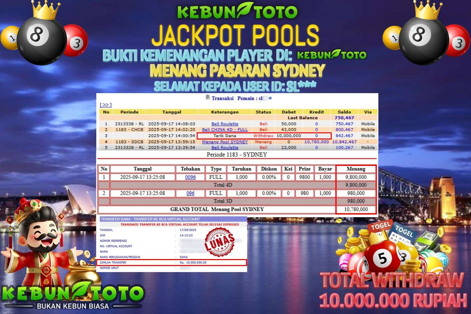 Bukti Kemenangan Rp 10.000.000 TOGEL SYDNEY di KEBUNTOTO!