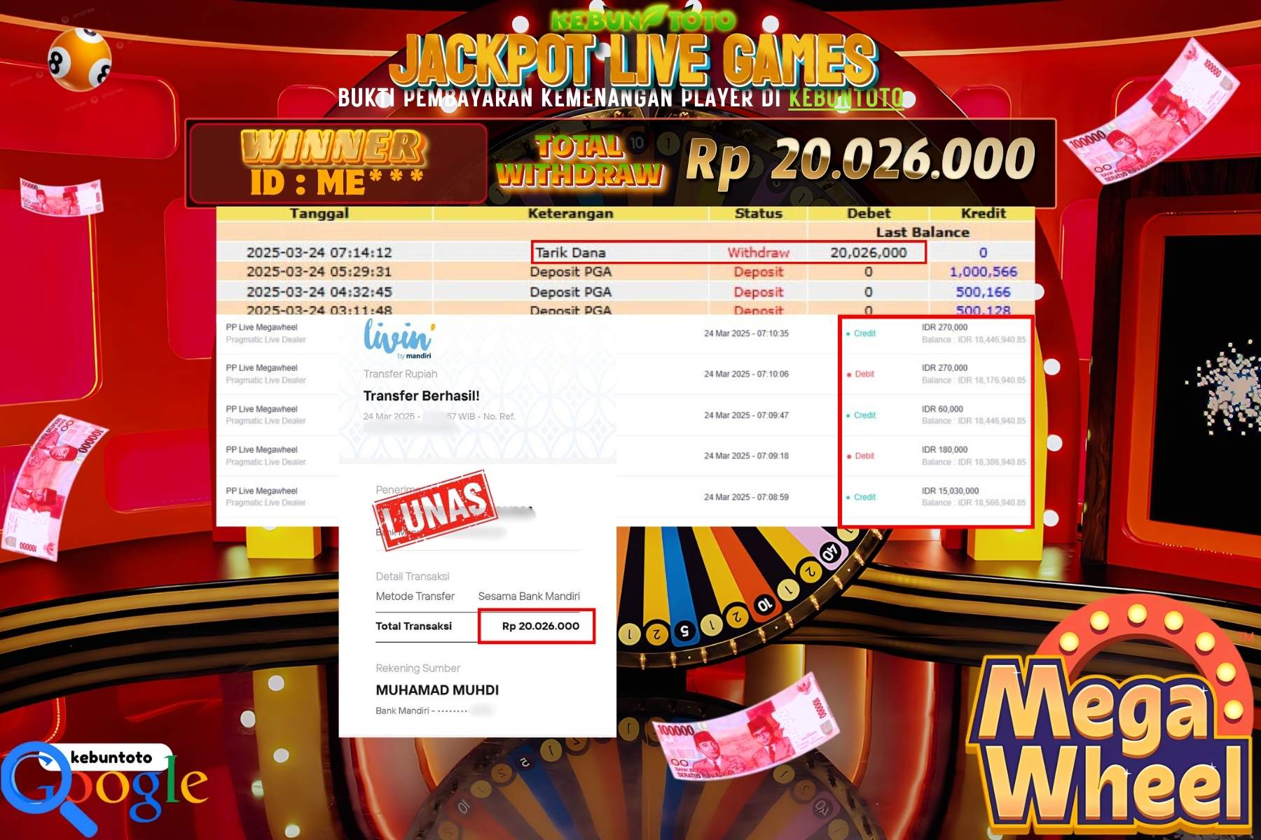 KEBUNTOTO JACKPOT, LIVE GAMES MEGA WHEEL Sebesar Rp 20.026.000,- LUNAS