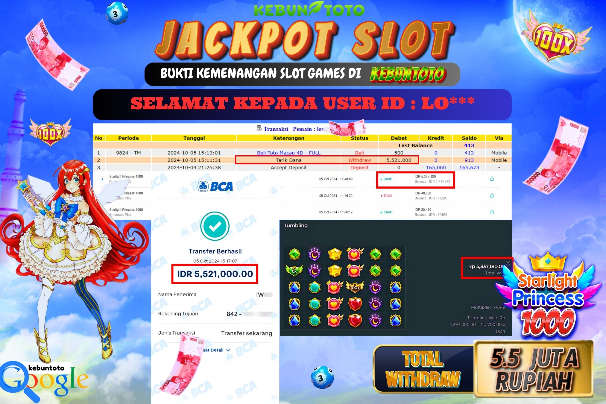 KEBUNTOTO JACKPOT SLOT STARLIGHT PRINCESS 1000 Rp.5.521.000,- LUNAS