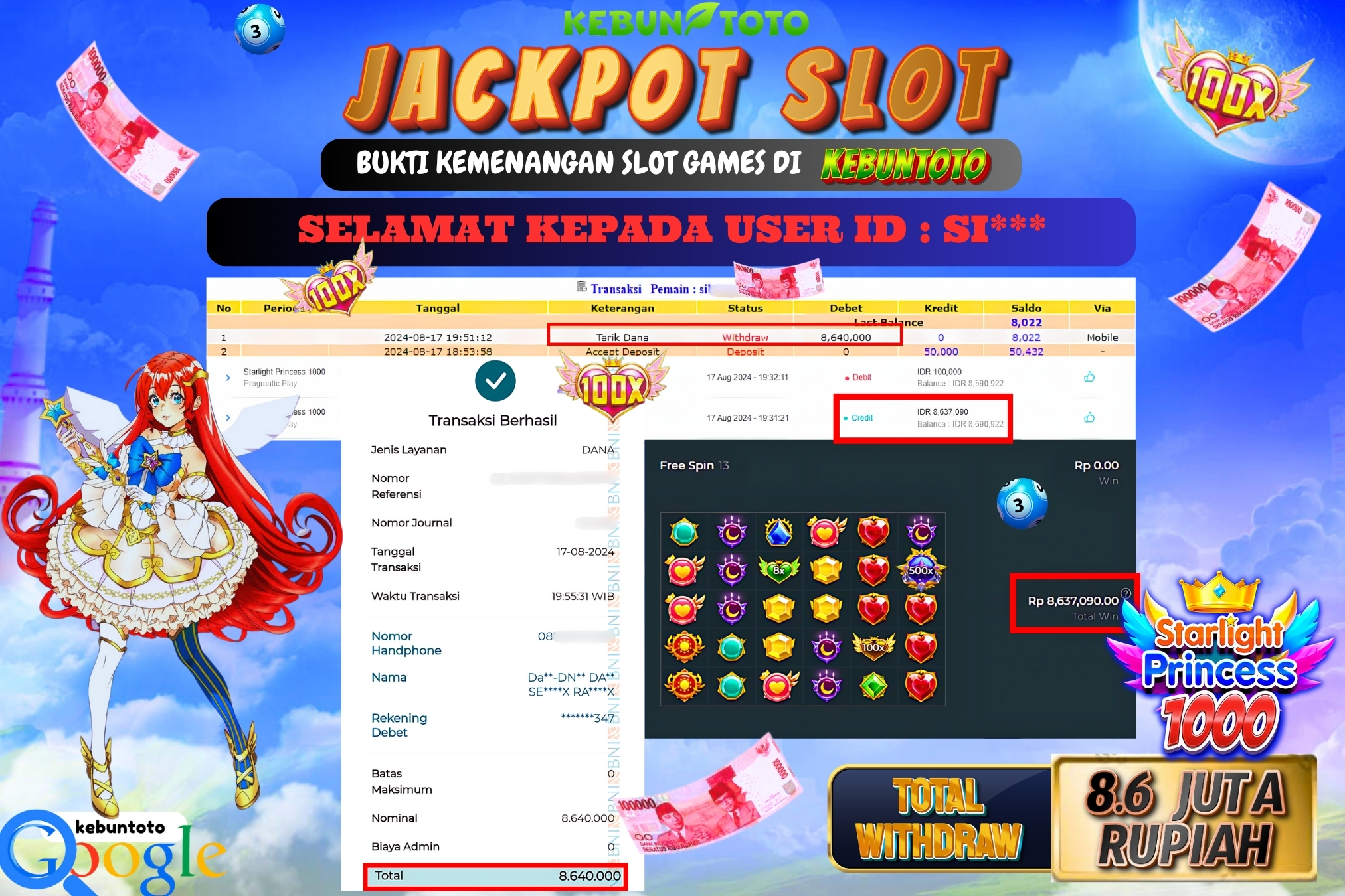 KEBUNTOTO JACKPOT SLOT STARLIGHT PRINCESS 1000 Rp.8.640.000,- LUNAS