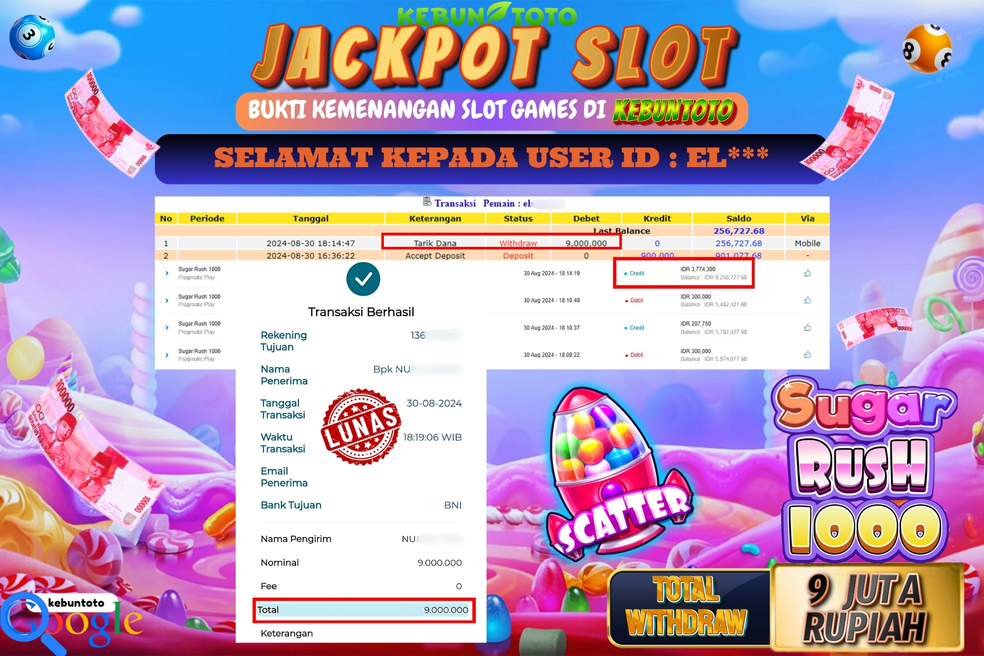KEBUNTOTO JACKPOT SLOT SUGAR RUSH 1000 Rp.9.000.000,- LUNAS