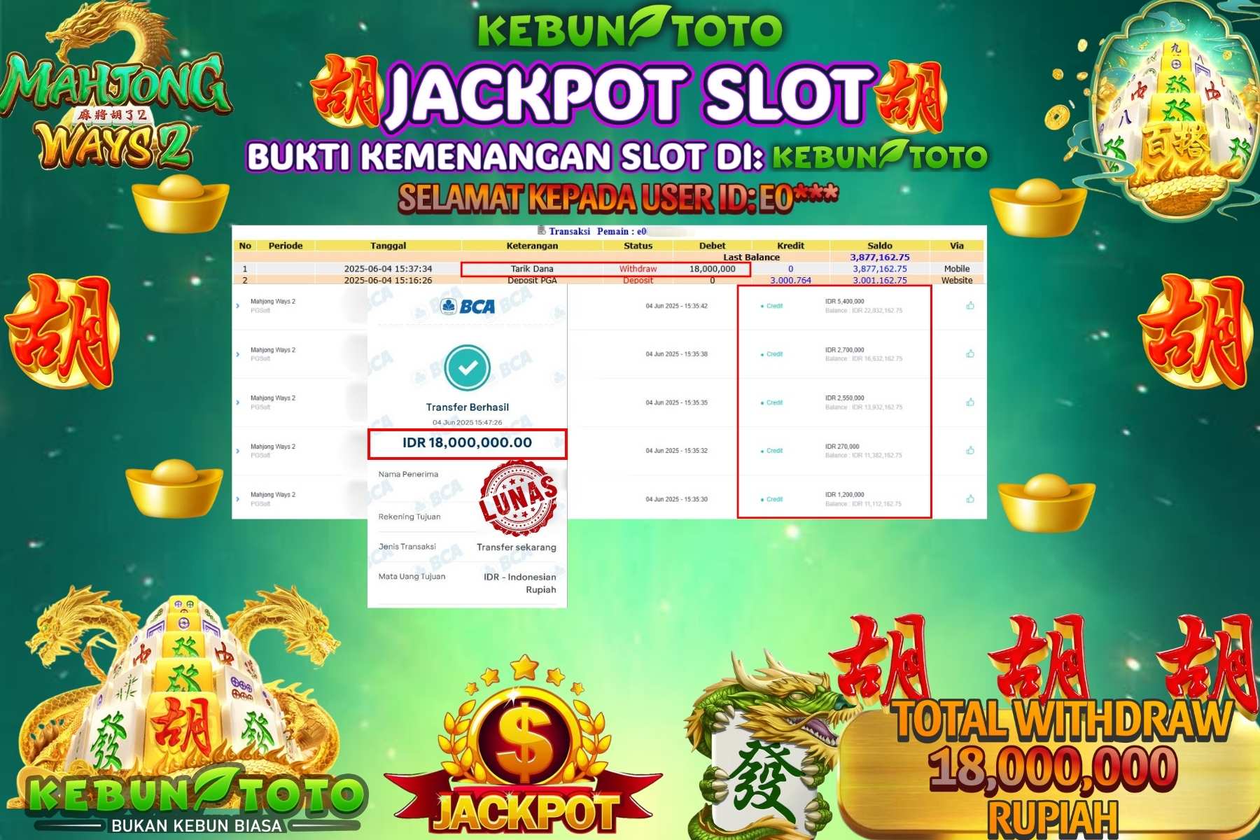 KEBUNTOTO JACKPOT SLOT MAHJONG WAYS 2 Rp 18.000.000,- LUNAS