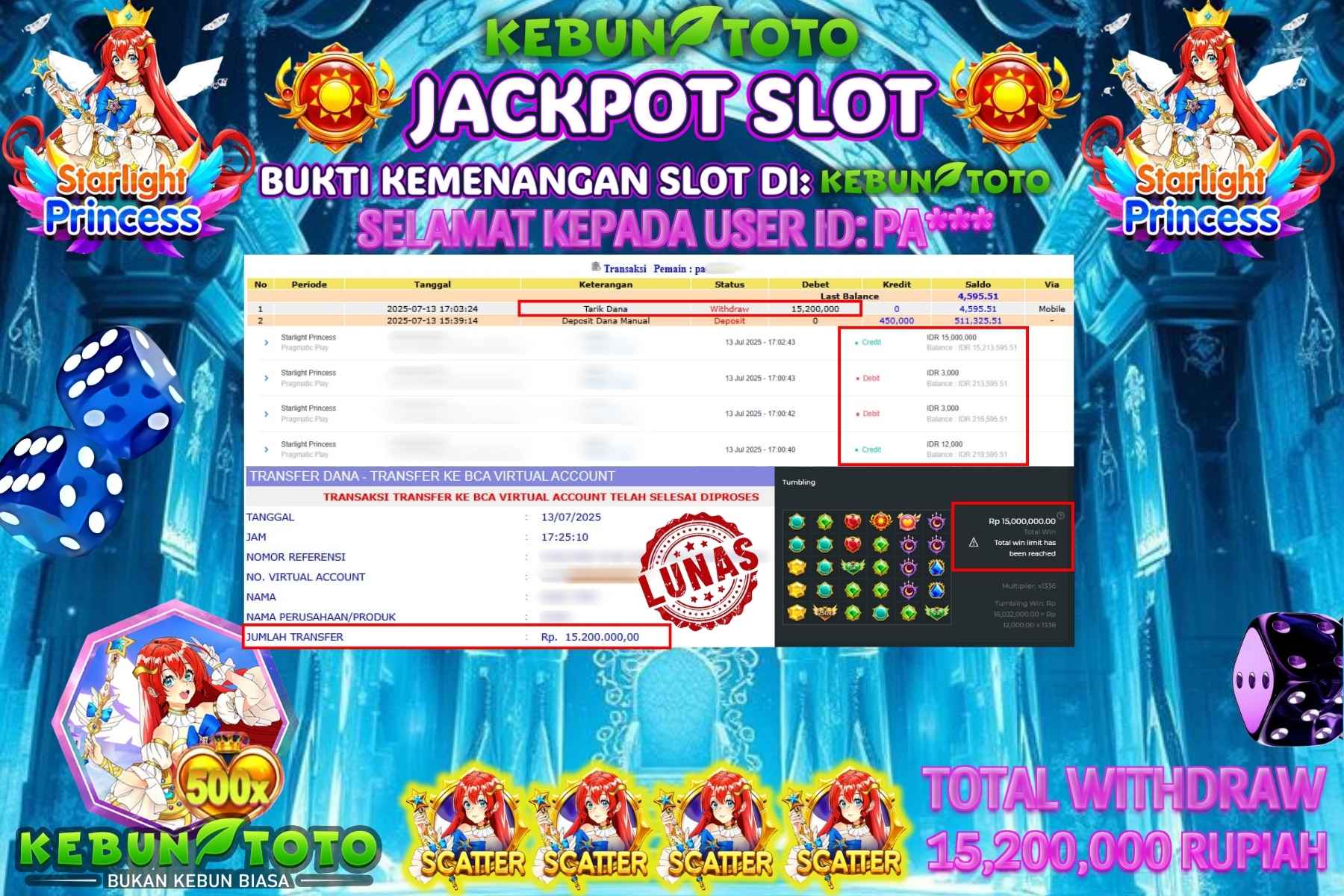 Bukti Kemenangan Rp 15.200.000 SLOT STARLIGHT PRINCESS di KEBUNTOTO!