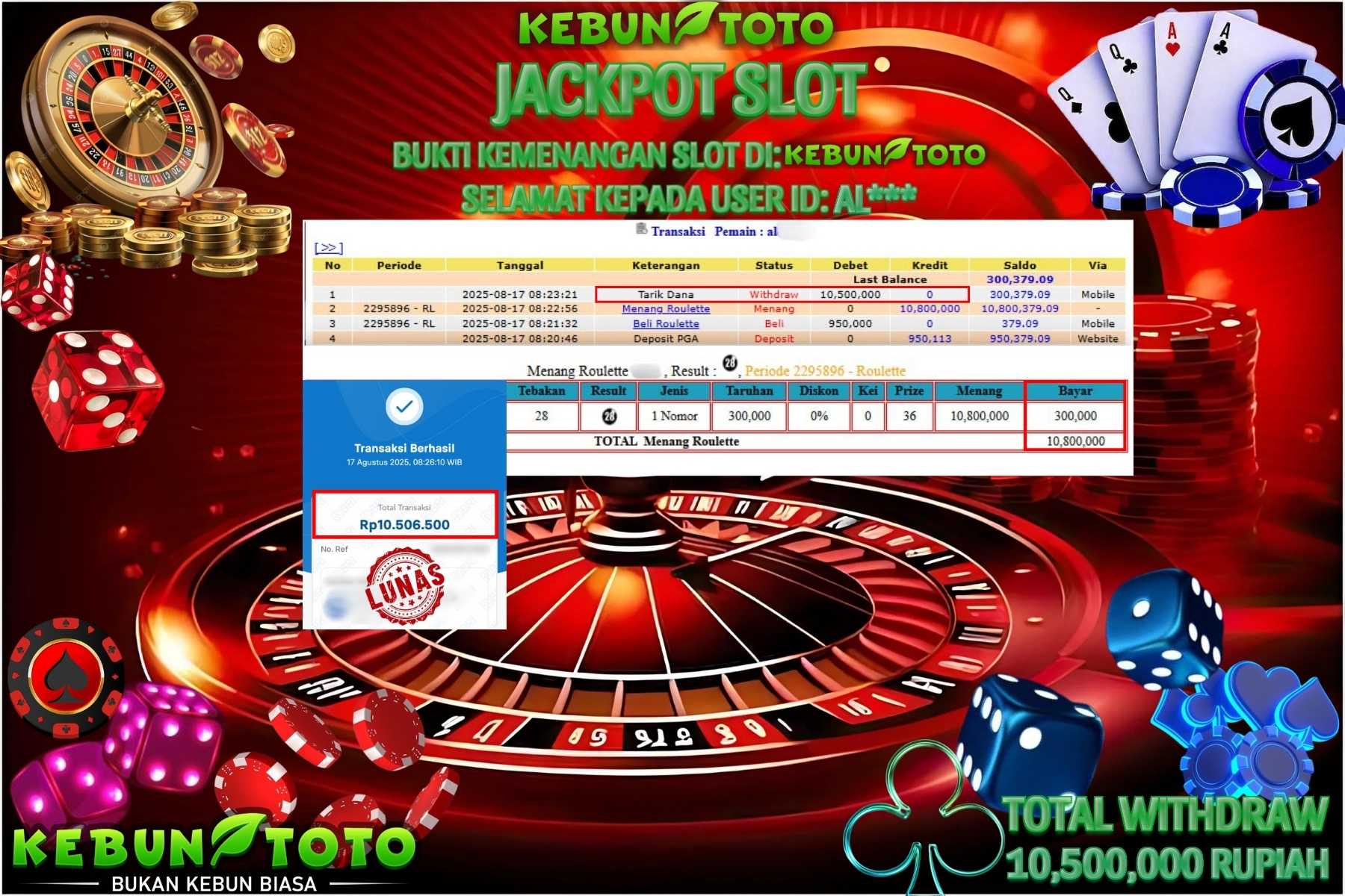 Bukti Kemenangan Rp 10.500.000 CASINO ROULETTE di KEBUNTOTO!