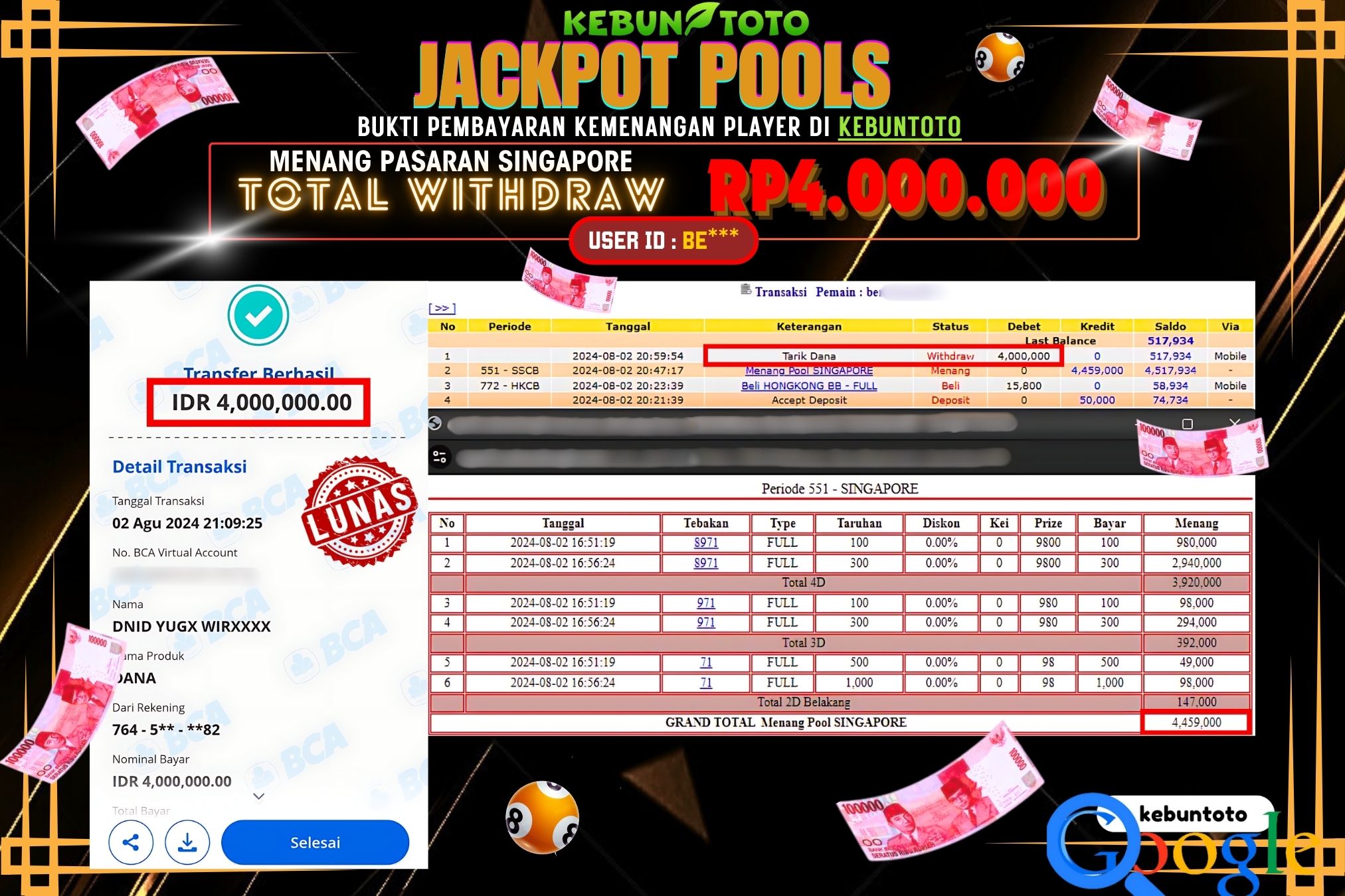 KEBUNTOTO JACKPOT TOGEL PASARAN SINGAPORE Rp.4.000.000,- LUNAS