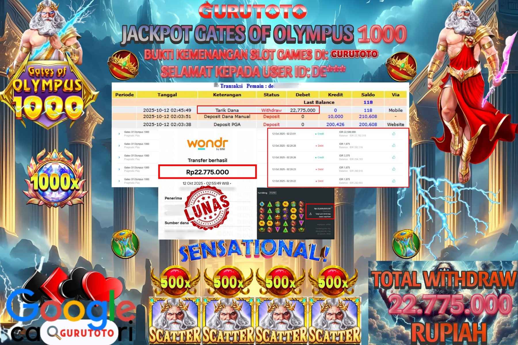 Bukti Kemenangan Rp 22.775.000 SLOT GATES OF OLYMPUS 1000 di GURUTOTO!
