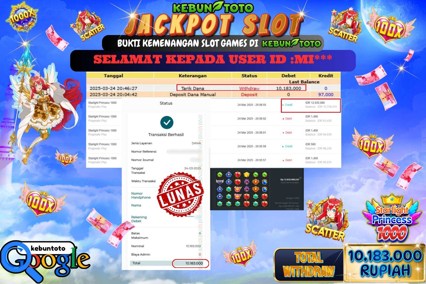 KEBUNTOTO JACKPOT, SLOT STARLIGHT PRINCESS 1000 Sebesar Rp 10.183.000,- LUNAS