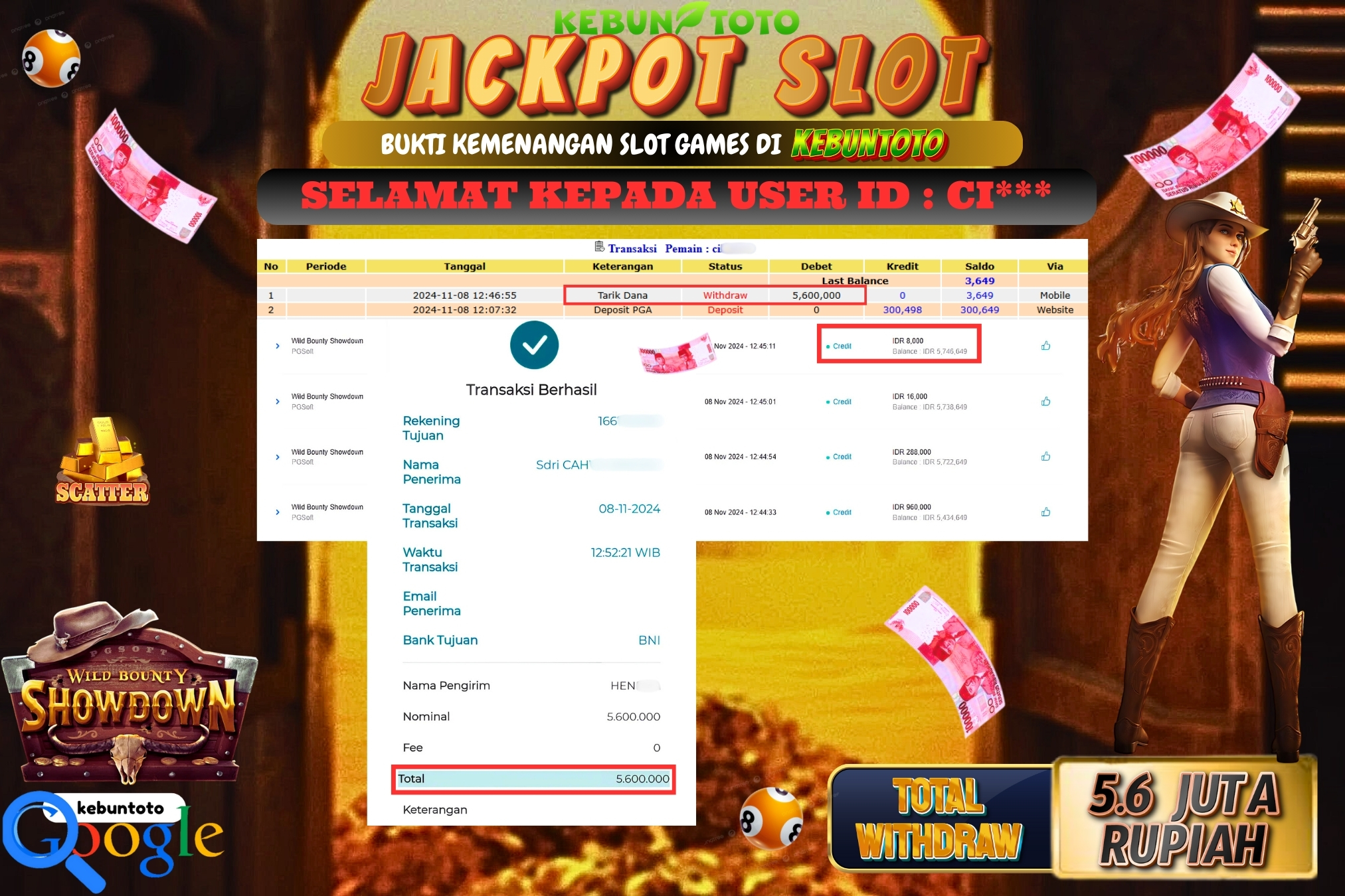 KEBUNTOTO JACKPOT SLOT WILD BOUNTY SHOWDOWN Rp.5.600.000,- LUNAS
