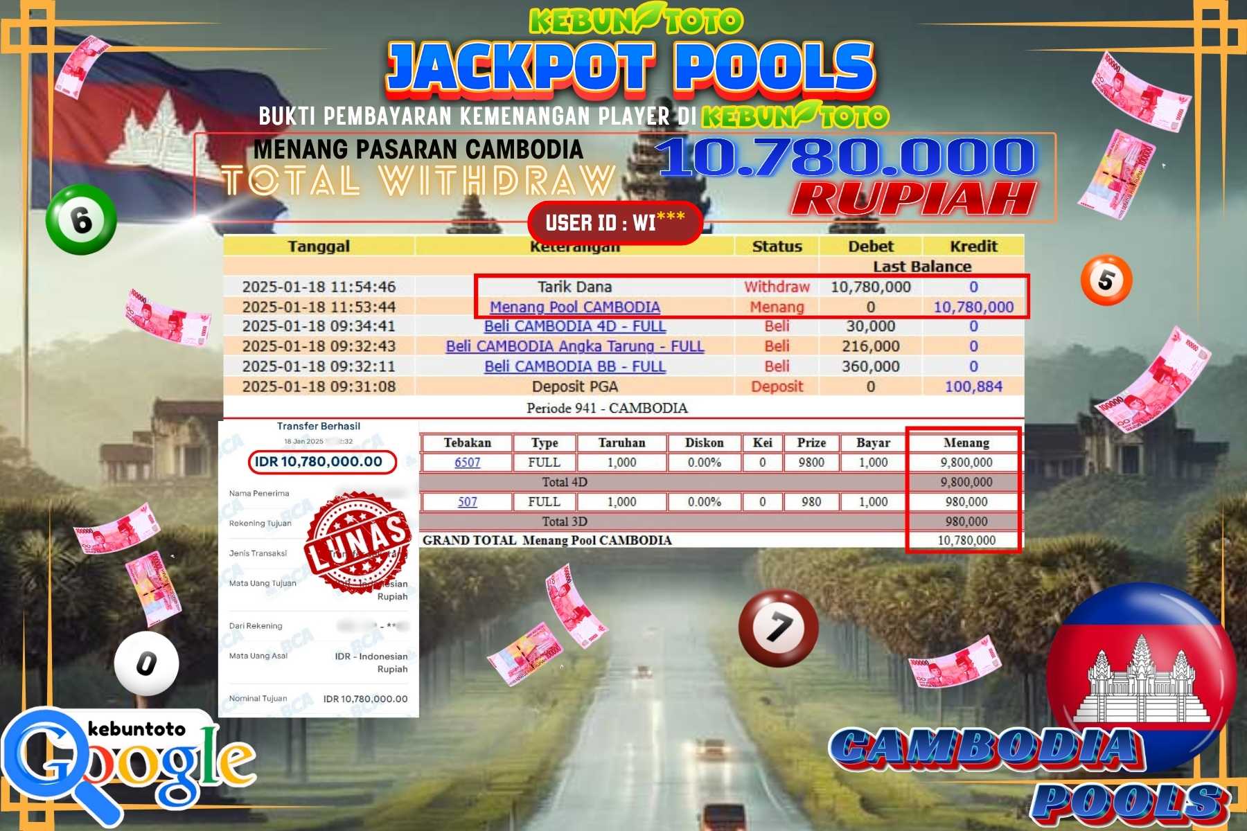 KEBUNTOTO JACKPOT TOTO CAMBODIA POOLS , Sebesar Rp.10.780.000,- LUNAS