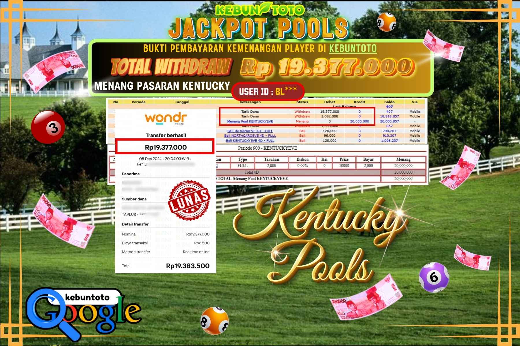 KEBUNTOTO JACKPOT TOTO KENTUCKY POOLS , Sebesar Rp.19.377.000,- LUNAS