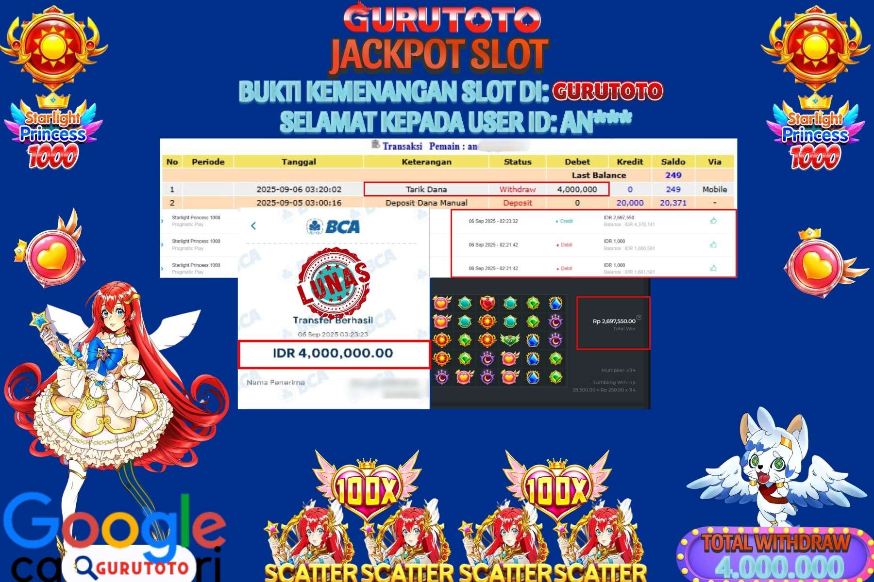Bukti Kemenangan Rp 4.000.000 SLOT STARLIGHT PRINCESS 1000 di GURUTOTO!
