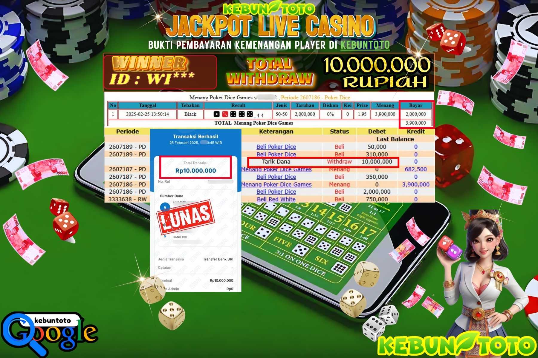 KEBUNTOTO JACKPOT, LIVE CASINO POKER DICE Sebesar Rp 10.000.000,- LUNAS