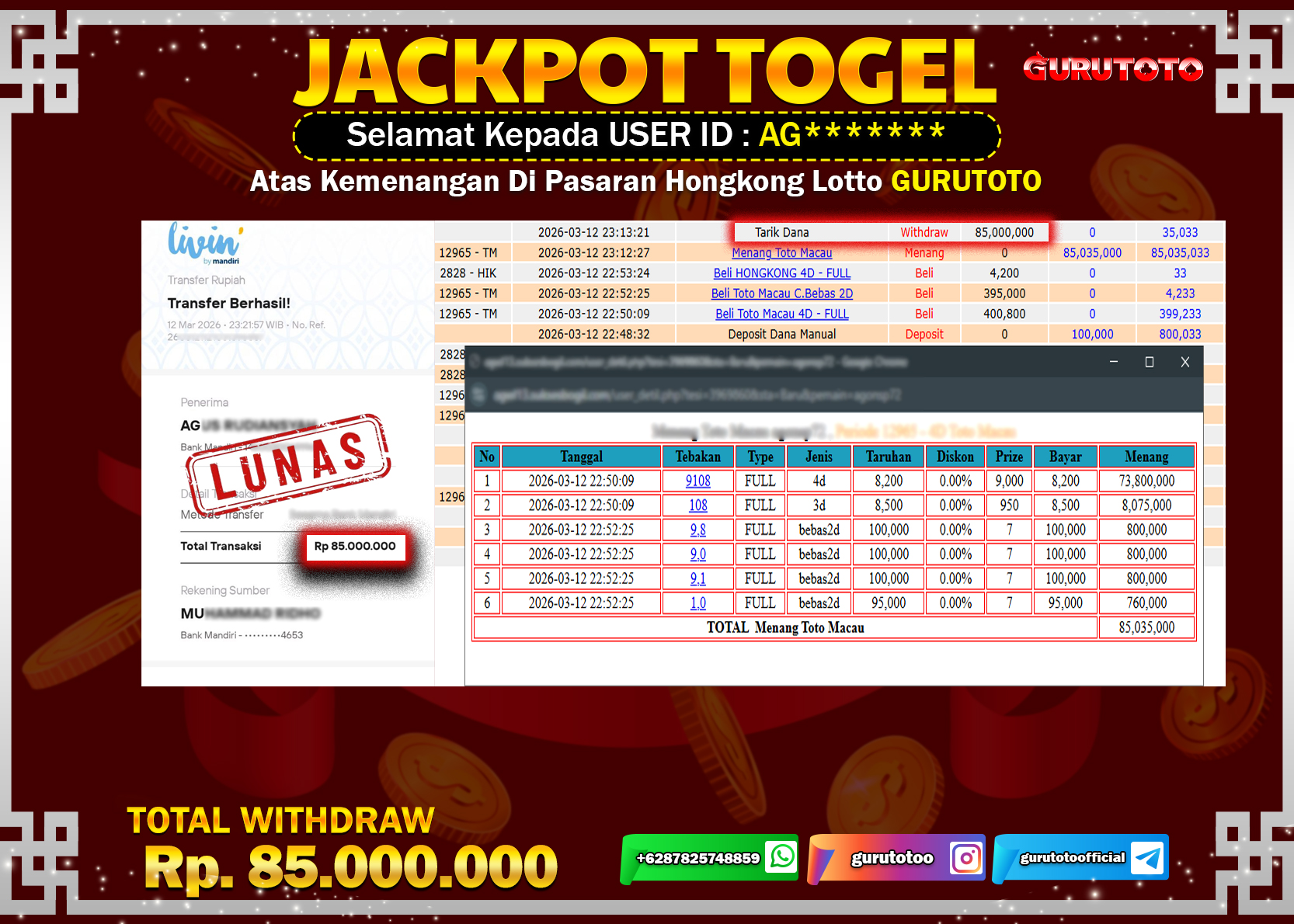 Bukti Kemenangan Rp 85.000.000 HONGKONG LOTTO  di GURUTOTO !