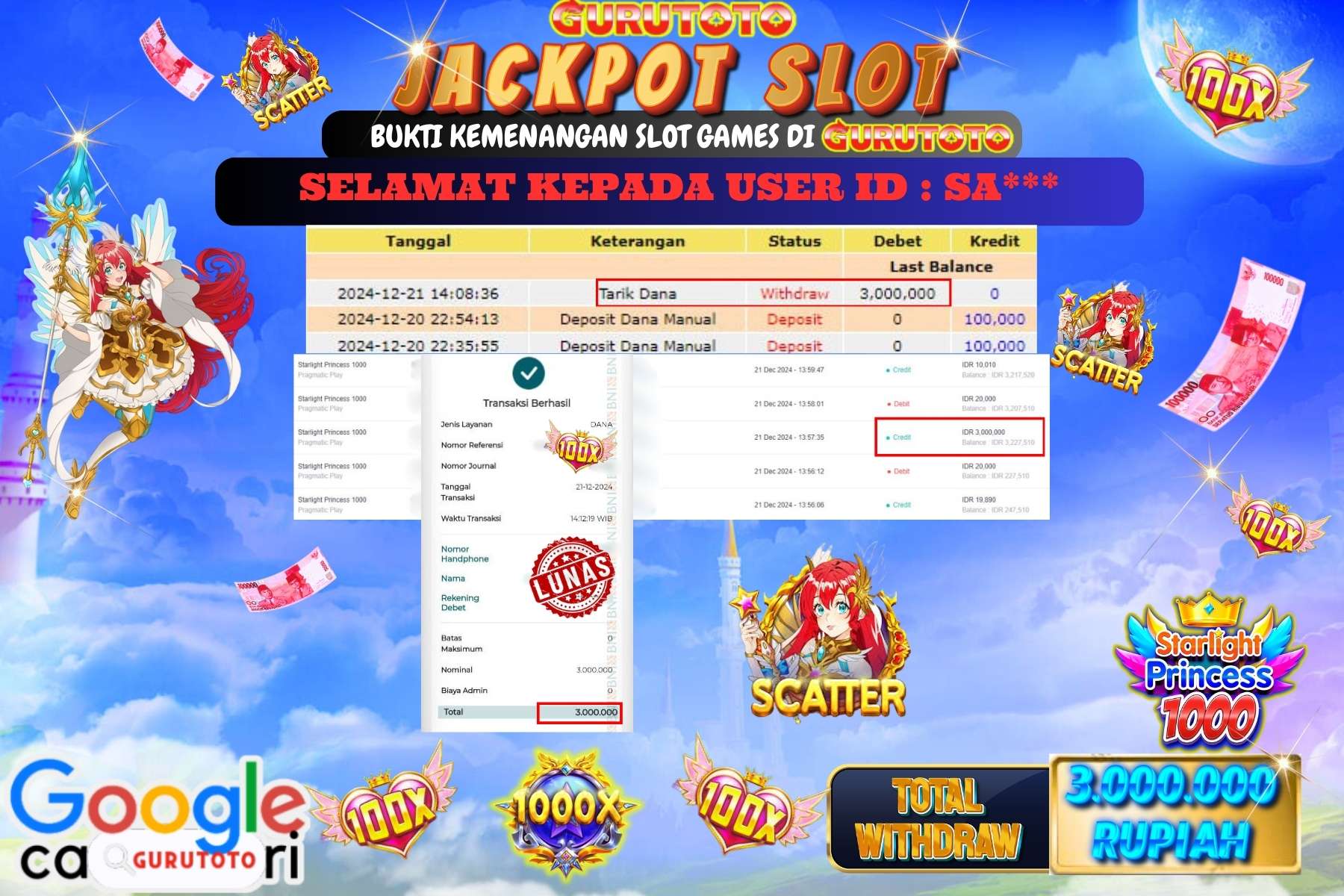 GURUTOTO, JACKPOT SLOT STARLIGHT PRINCESS 1000  sebesar Rp.3.000.000,- dibayar lunas.