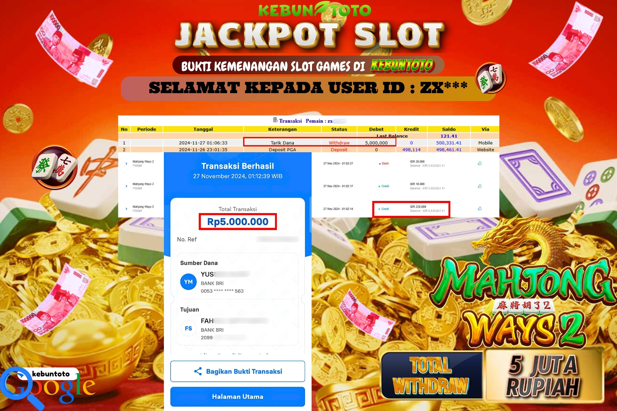 KEBUNTOTO JACKPOT SLOT MAHJONG WAYS 2 Rp.5.000.000,- LUNAS