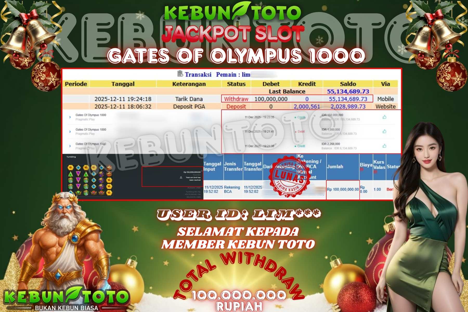Bukti Kemenangan Rp 100.000.000 SLOT GATES OF OLYMPUS 1000 di KEBUNTOTO!