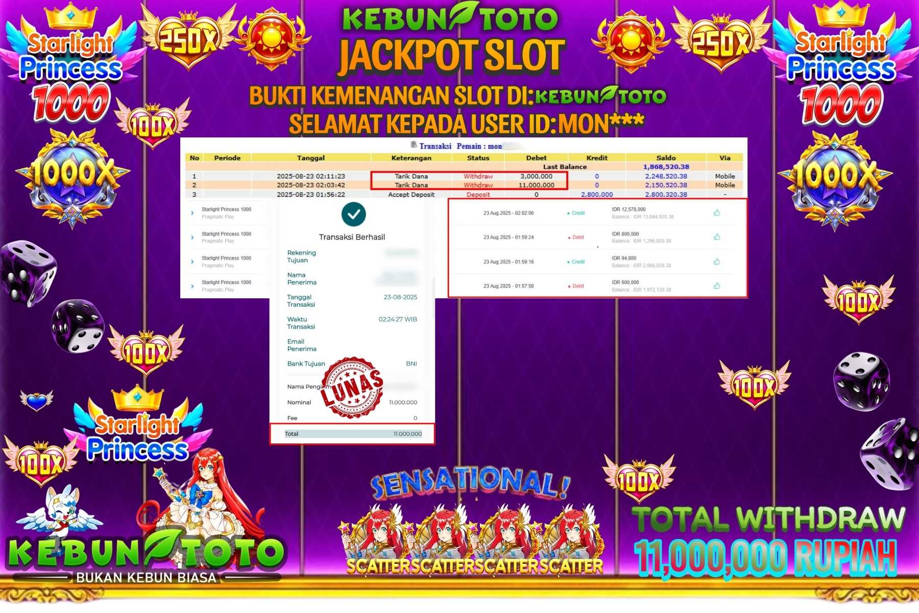 Bukti Kemenangan Rp 11.000.000 SLOT STARLIGHT PRINCESS 1000 di KEBUNTOTO!