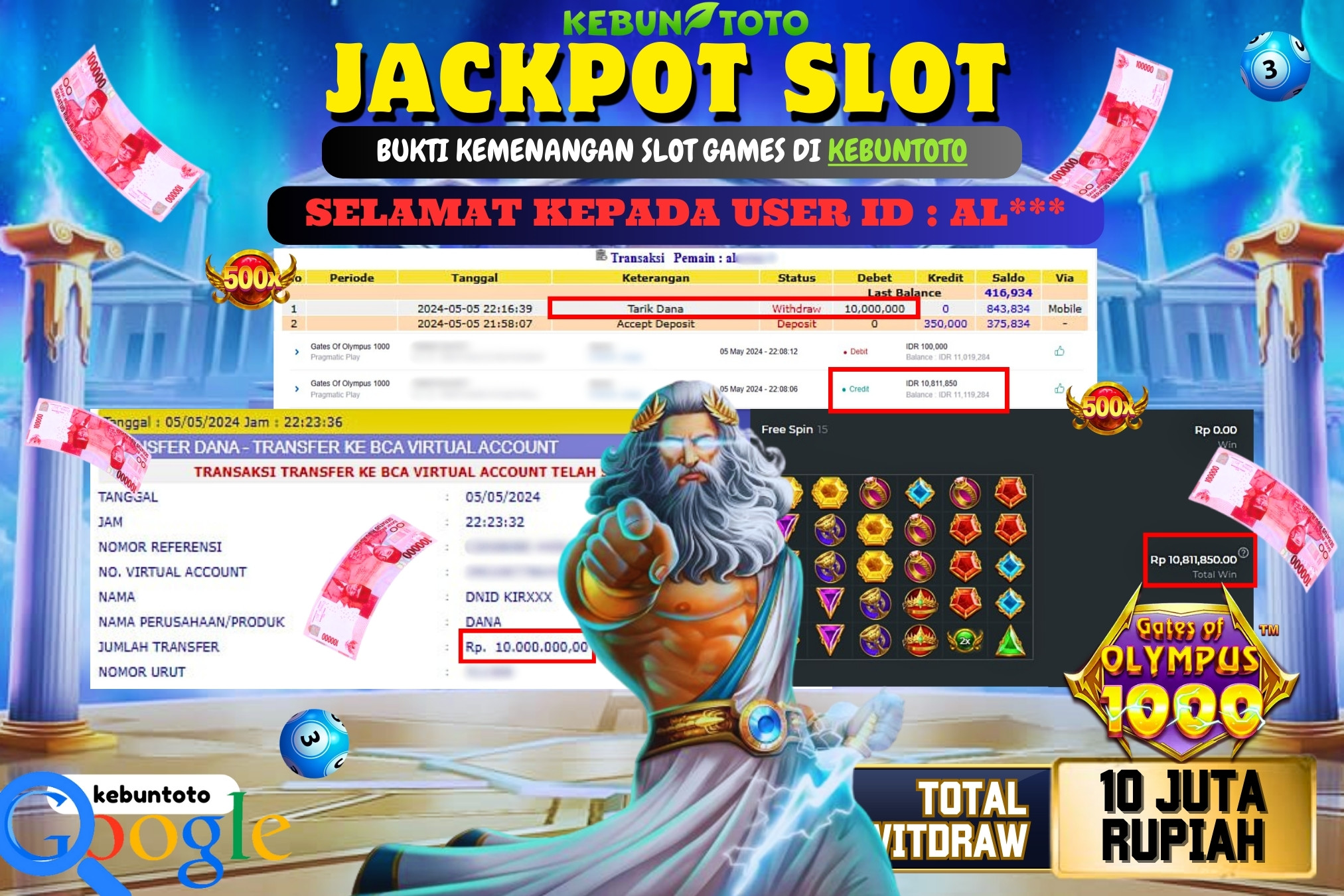 KEBUNTOTO JACKPOT SLOT GATES OF OLYMPUS 1000 Rp.10.000.000,- LUNAS