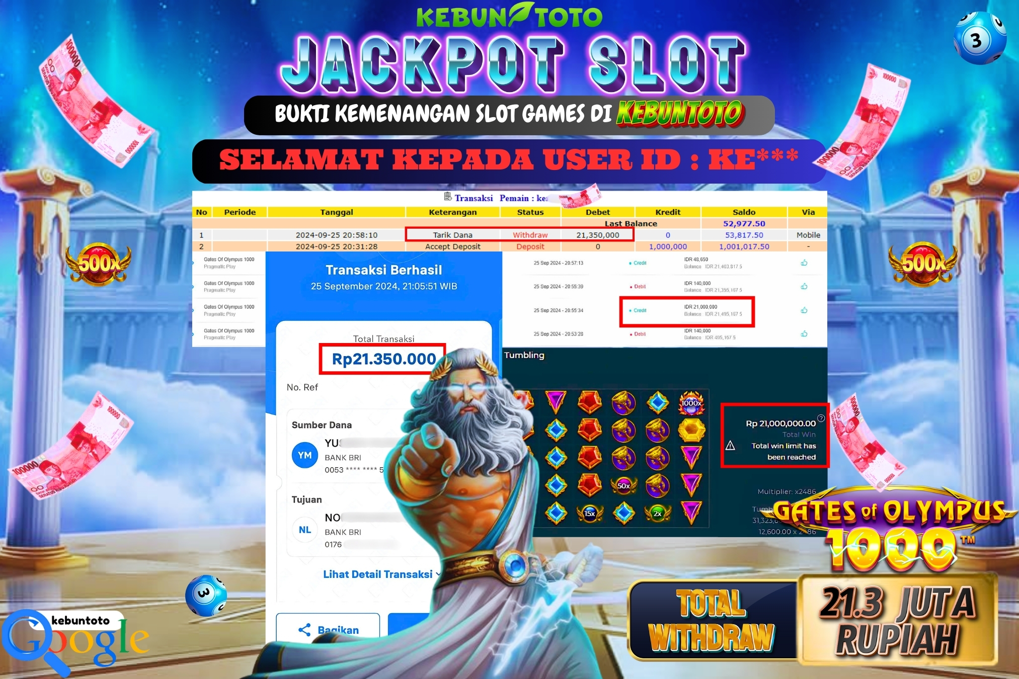 KEBUNTOTO JACKPOT SLOT GATES OF OLYMPUS 1000 Rp.21.350.000,- LUNAS