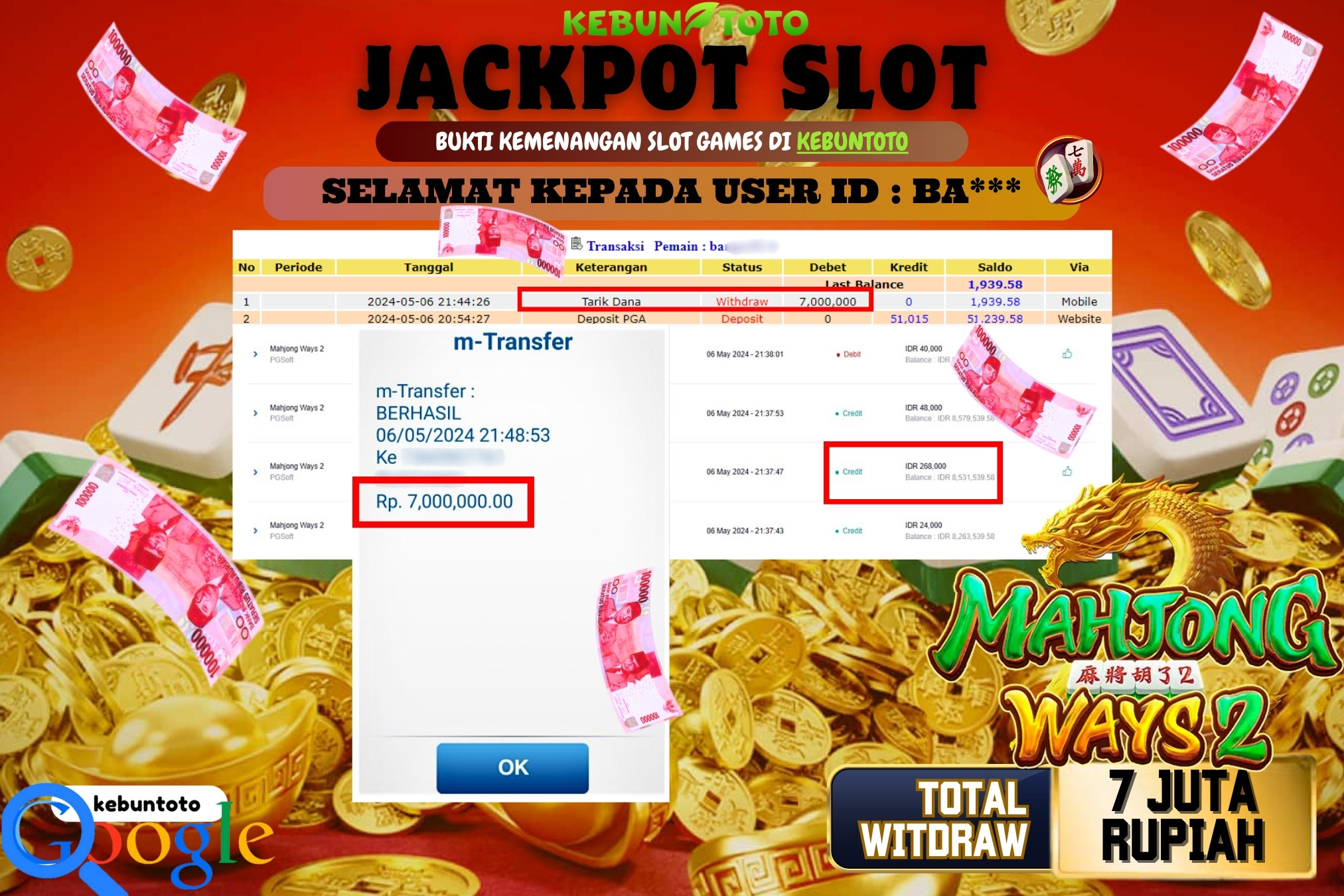 KEBUNTOTO JACKPOT SLOT MAHJONG WAYS 2 Rp.7.000.000,- LUNAS