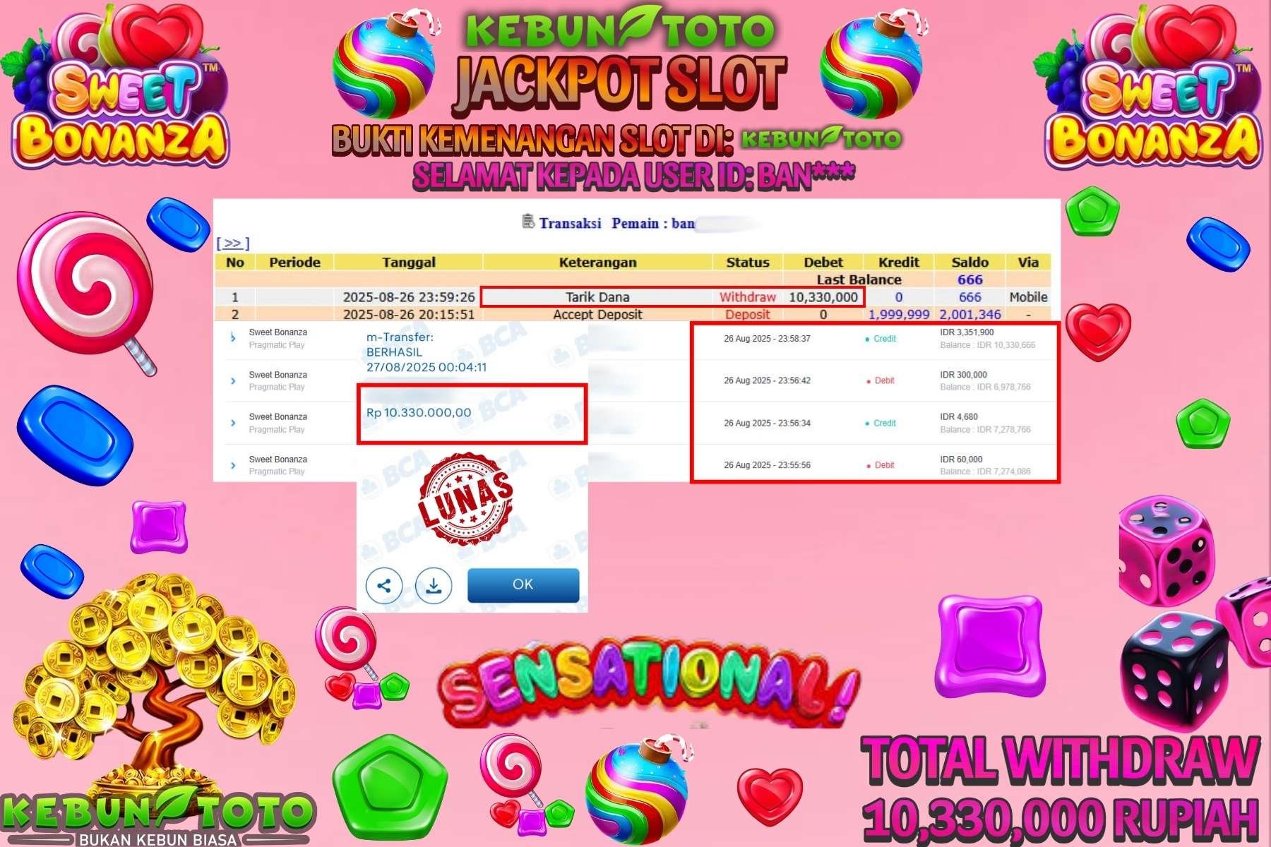 Bukti Kemenangan Rp 10.330.000 SLOT SWEET BONANZA di KEBUNTOTO!