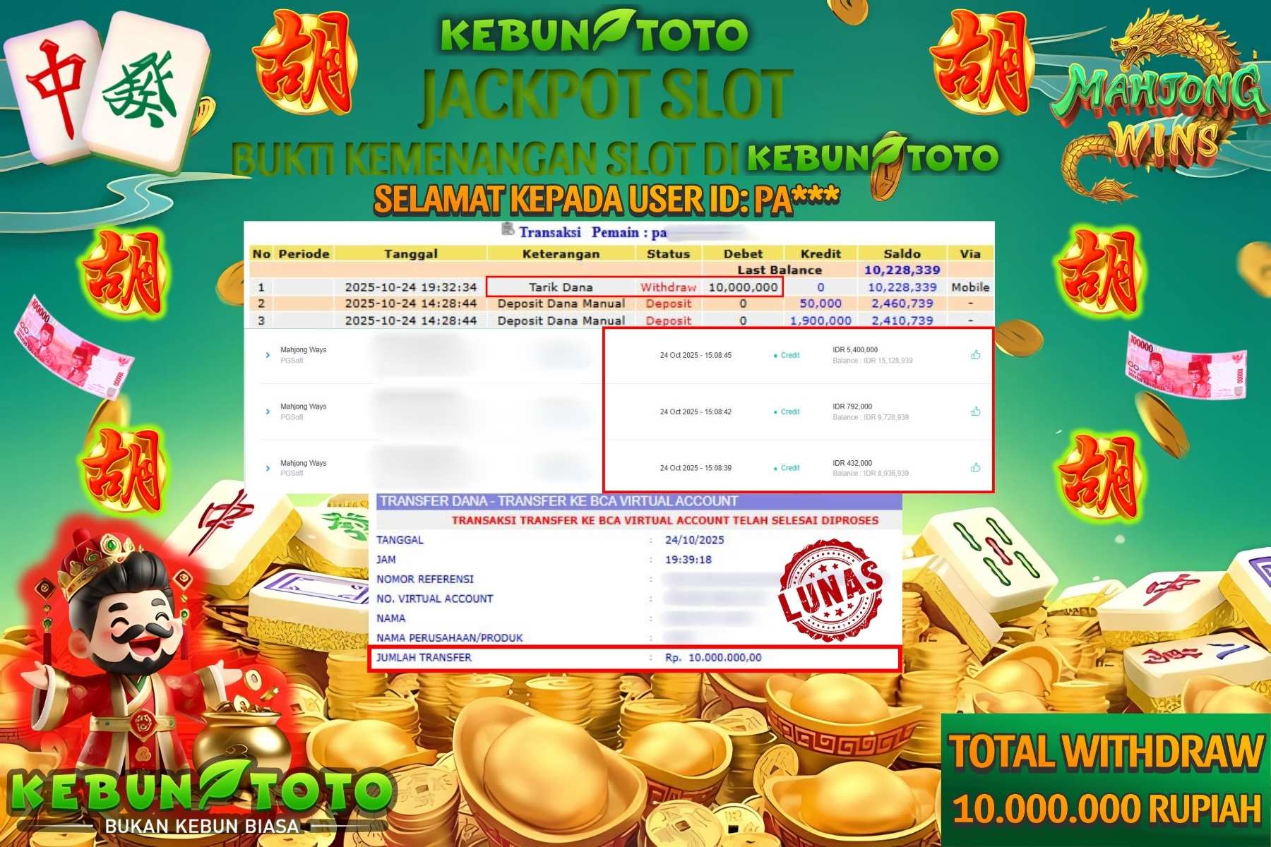 Bukti Kemenangan Rp 10.000.000 SLOT MAHJONG WAYS di KEBUNTOTO!