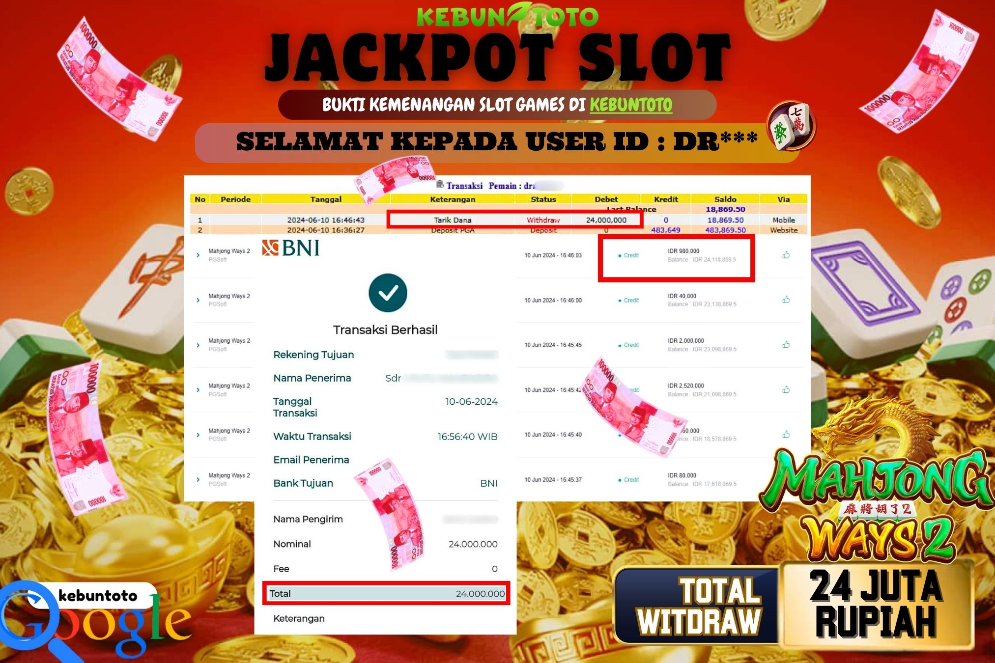 KEBUNTOTO JACKPOT SLOT MAHJONG WAYS 2 Rp.24.000.000,- LUNAS