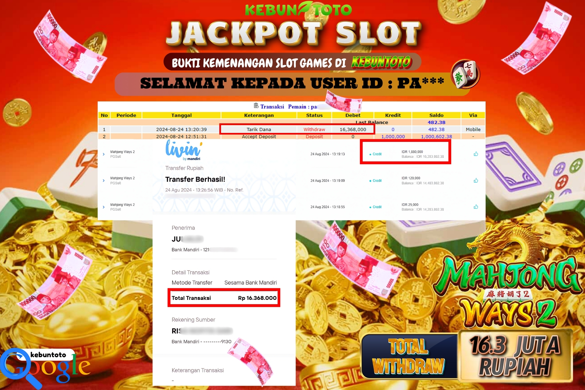 KEBUNTOTO JACKPOT SLOT MAHJONG WAYS 2 Rp.16.368.000,- LUNAS