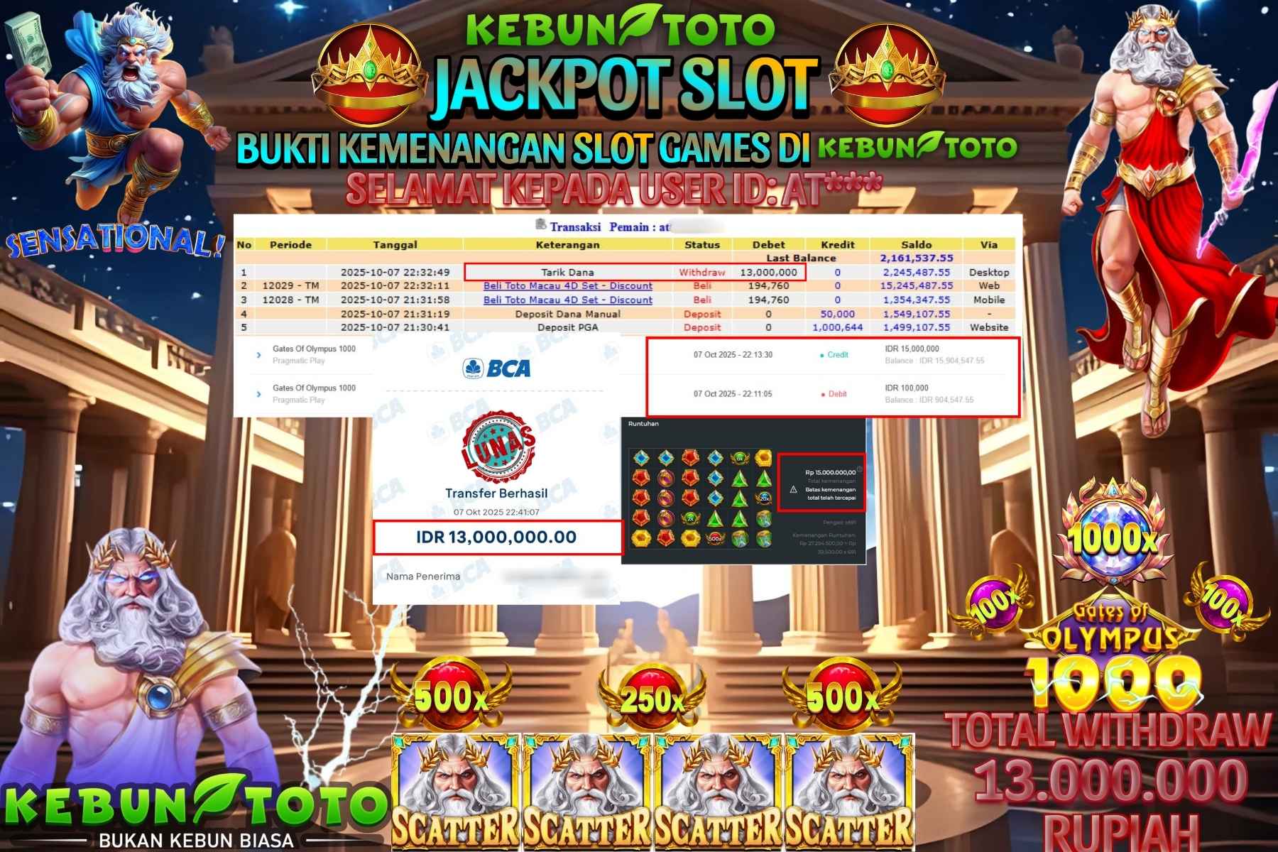 Bukti Kemenangan Rp 13.000.000 SLOT GATES OF OLYMPUS 1000 di KEBUNTOTO!