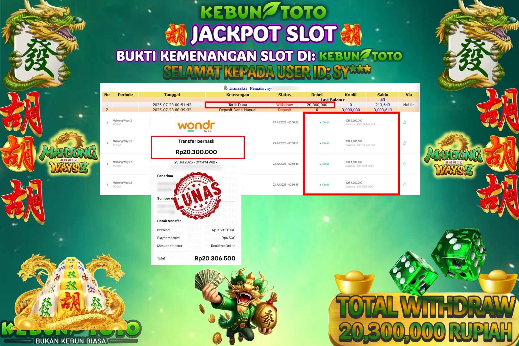 Bukti Kemenangan Rp20.300.000 SLOT MAHJONG WAYS 2 di KEBUNTOTO!