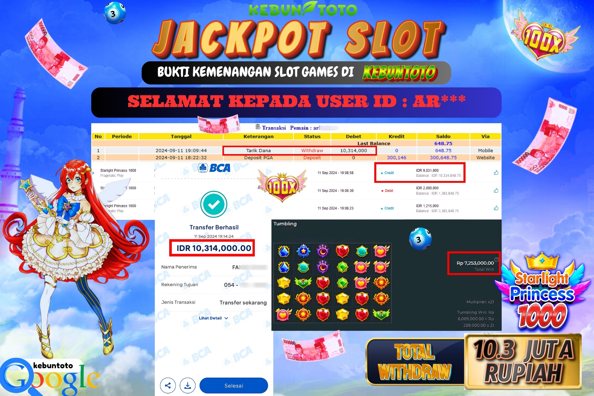 KEBUNTOTO JACKPOT SLOT STARLIGHT PRINCESS 1000 Rp.10.314.000,- LUNAS