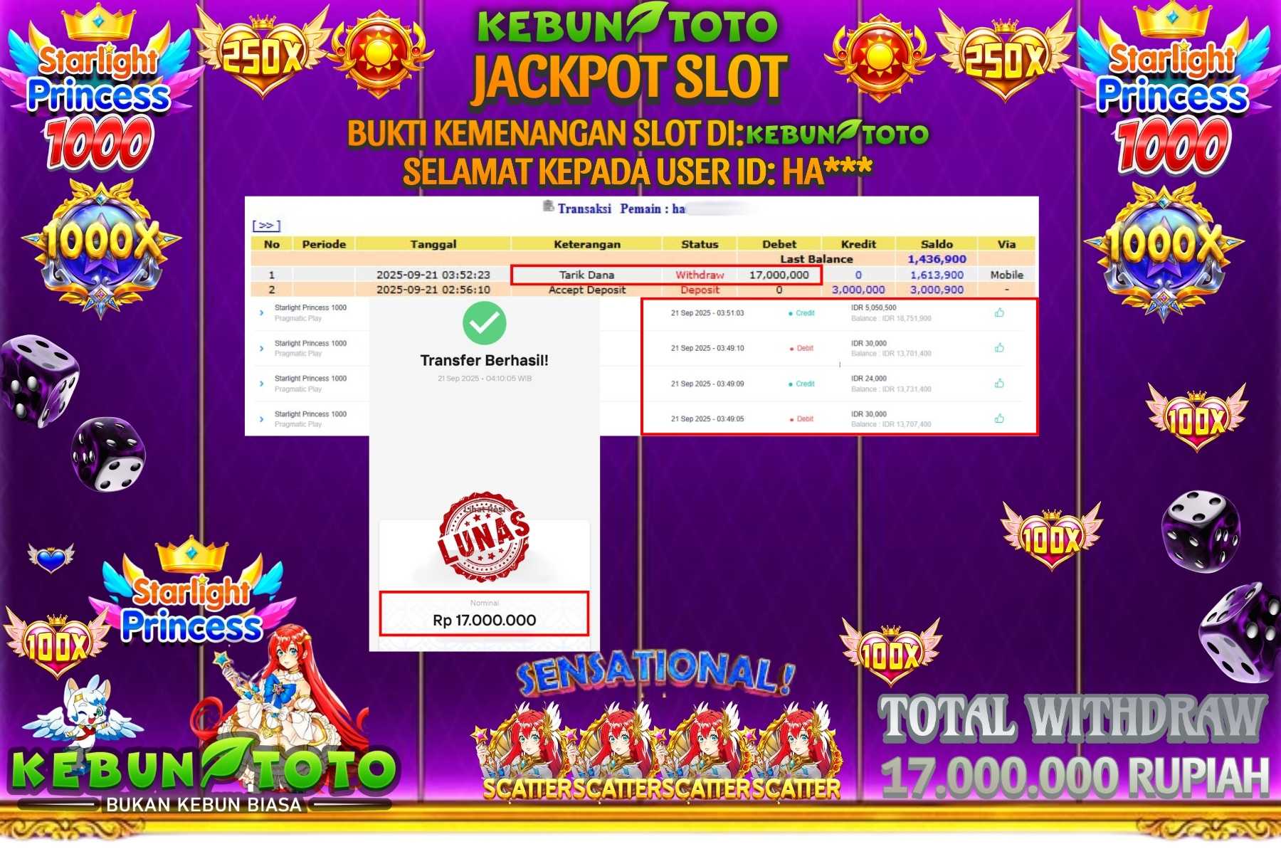 Bukti Kemenangan Rp 17.000.000 SLOT STARLIGHT PRINCESS 1000 di KEBUNTOTO!
