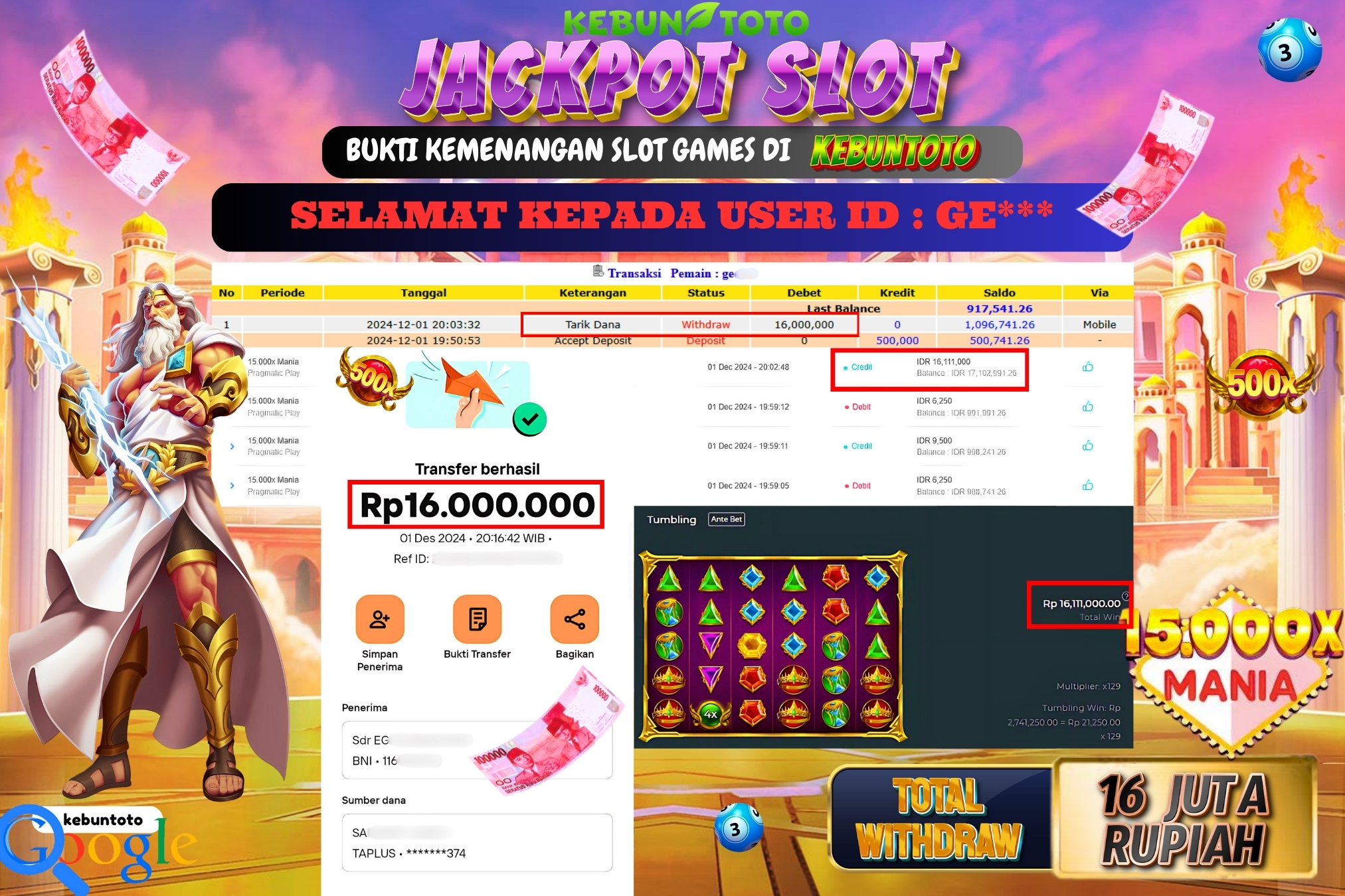 KEBUNTOTO JACKPOT SLOT 15.000X MANIA Rp.16.000.000,- LUNAS